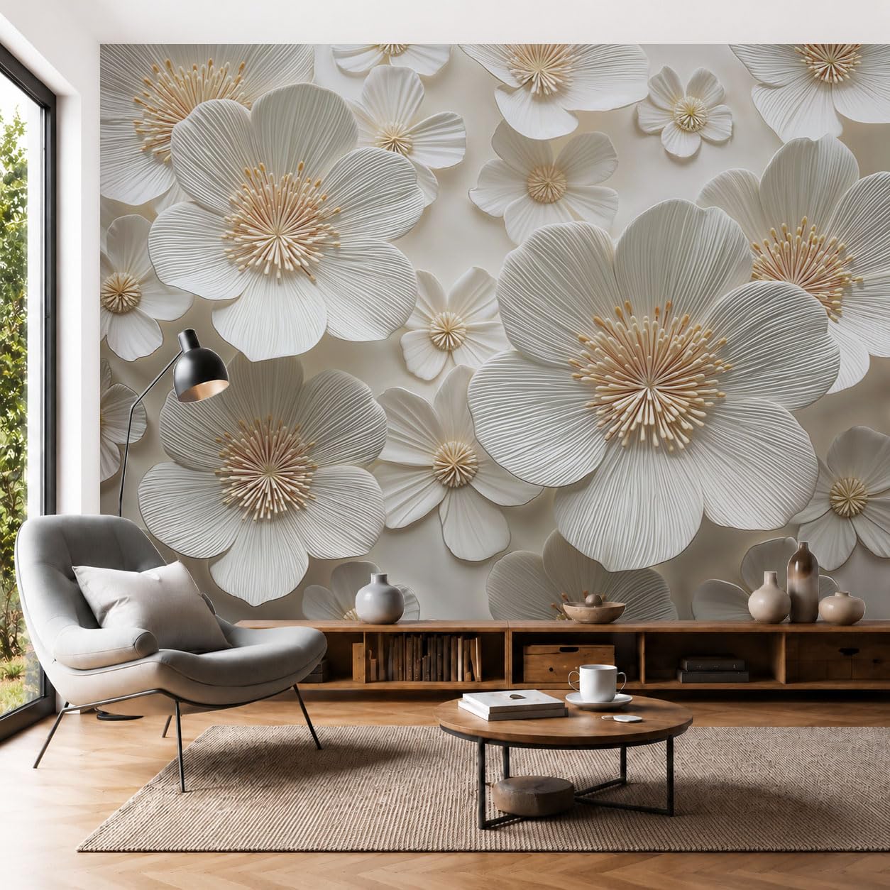 Papier peint mural minimaliste moderne blanc habille votre grand canapé de salon