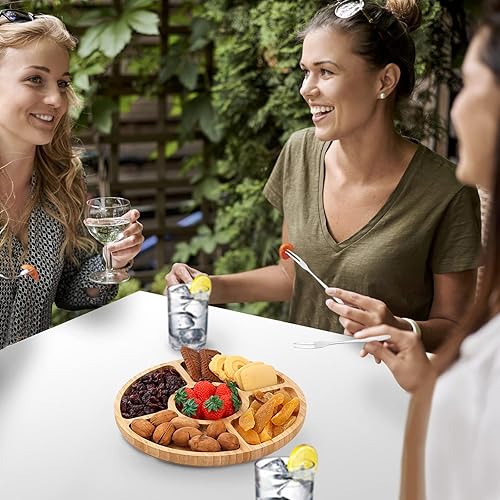 Miniatura 6 de Tabla de queso redonda, tabla de embutidos grande de 10 pulgadas, bandeja de servir queso de bambú para cena, fiesta o boda, bandeja de frutas para