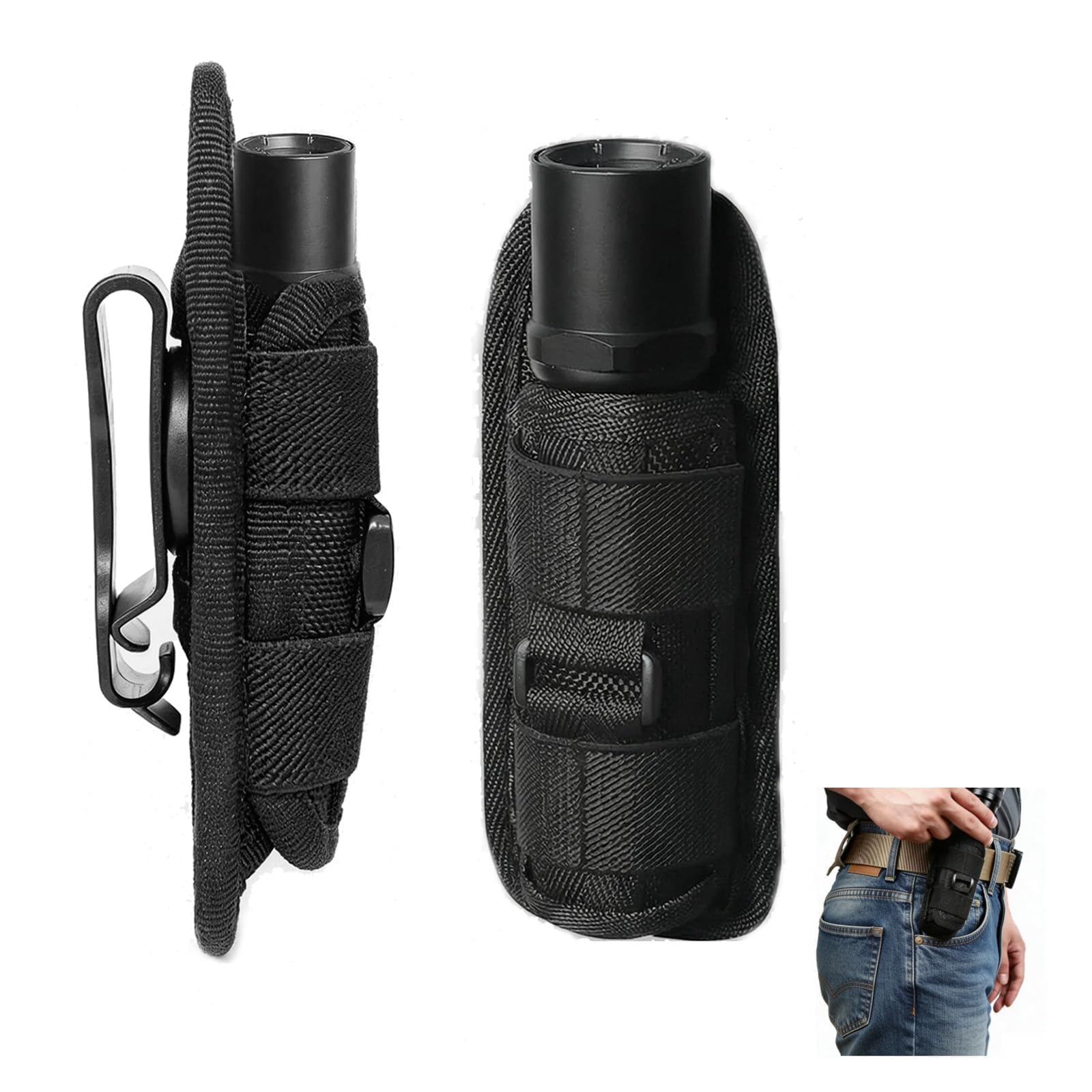 Funda de Linterna de Nylon Elástico con Clip Giratorio 360 Grados - Soporte Resistente para Actividades al Aire Libre, Senderismo y Camping, Compatible con Linternas AA y 18650, Versátil y Práctica