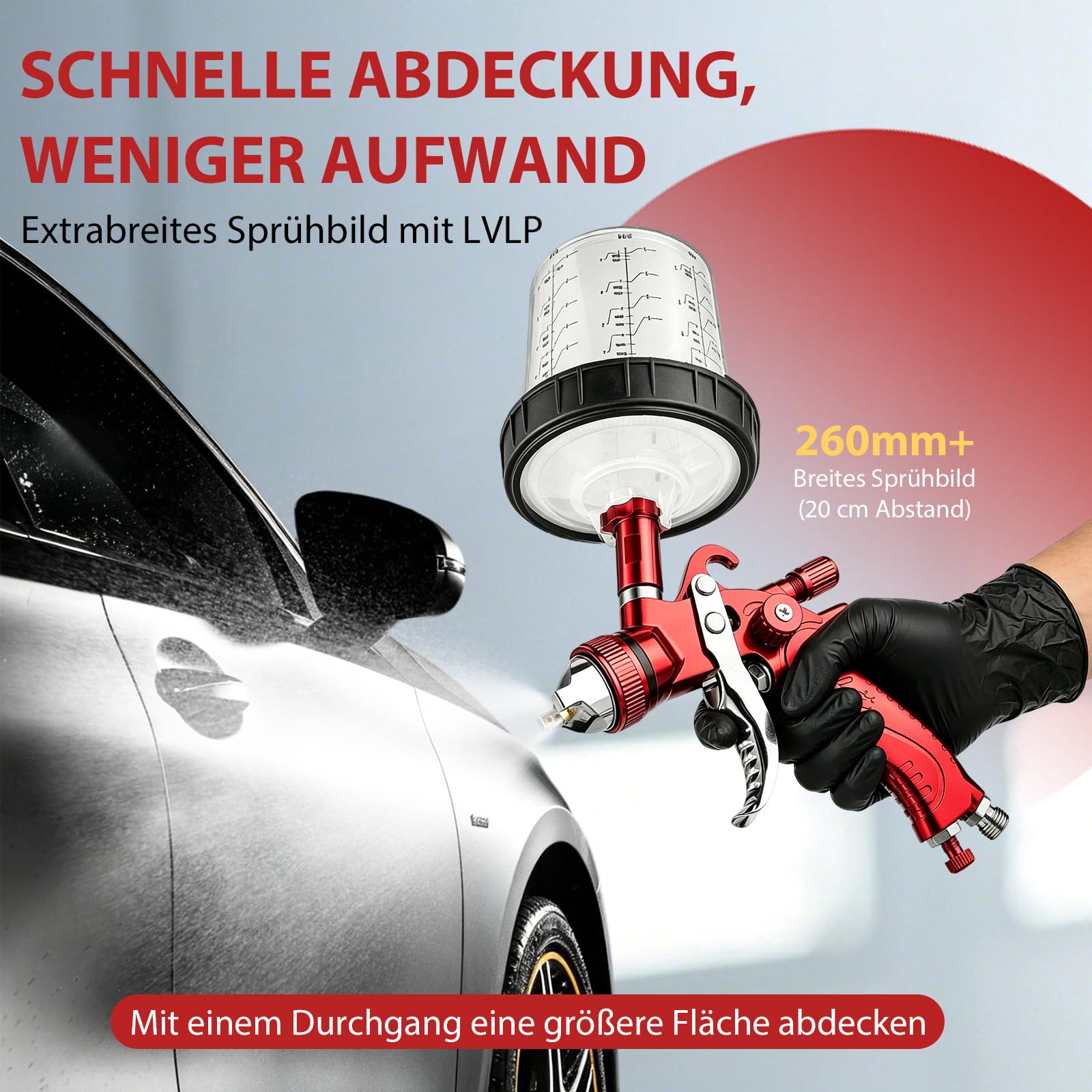 HVLP Spritzpistole mit 4 Düsen-Kits 1,4/1,7/2,0/2,5mm, Lackierpistolen Auto mit 10 x 650ml Einweg-Farbbechern, Schwerkraftzufuhr-Farbspritzpistole zum Lackieren von Autos, Möbeln (Rot)