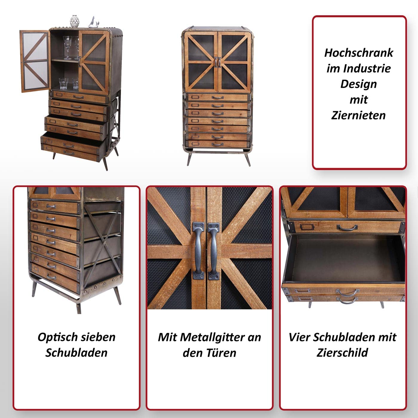 Mendler Hochschrank HWC-F91, Apothekerschrank Wohnzimmerschrank, Industrial Tanne Holz Metall 128x60x33cm, braun-schwarz