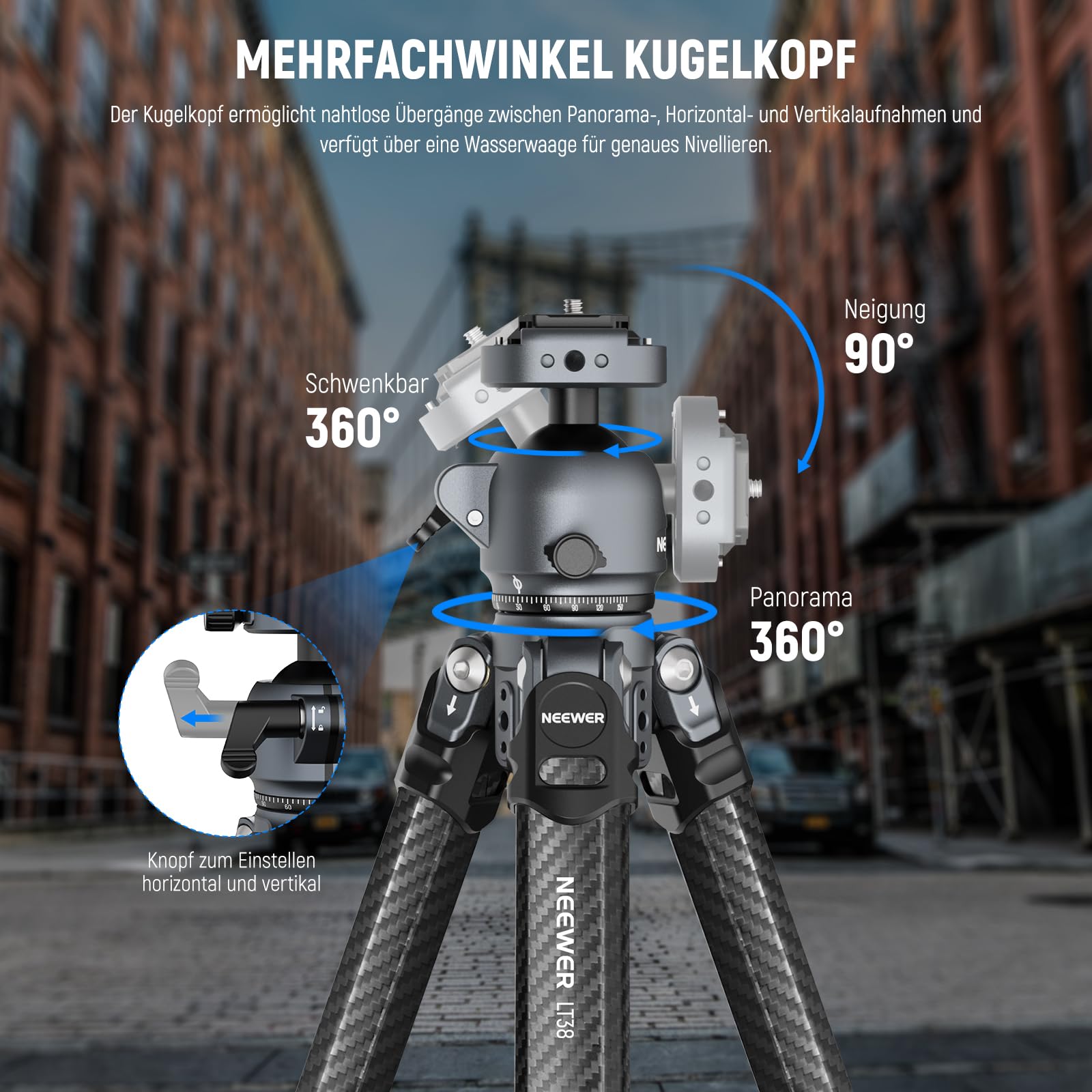 Neewer LITETRIP LT38 Kamera Reisestativ aus Kohlefaser 360° Schwenk/Neige niedrige Profil Kugelkopf flexible Mittelachse Arca QR Platte kompatibel mit Peak Design Stativ Clip V3 max Last – Bild 6