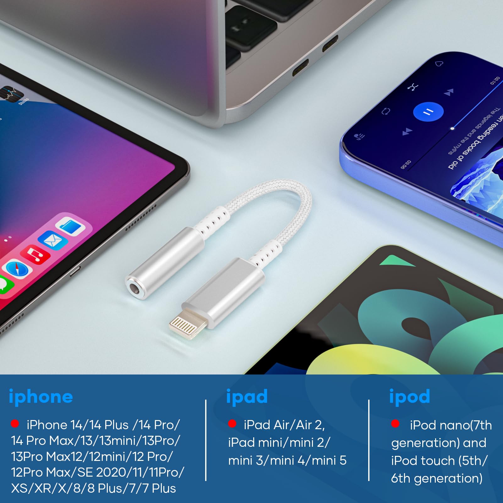 Esiposs Adattatore i Phone Jack 3,5 mm [Certificato MFi] Adattatore Jack Lightning Cavo Dongle HiFi Adattatore Cuffie i Phone Compatibile con i Phone 14/13/12/11/X/8/7/Pad/i-OS, Bianco Argento