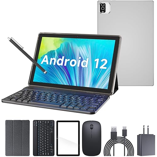 10.1-inch Android 12 tablet, 32GB ROM+2GB RAM, 2-in-1 tablet, keyboard, mouse, case, stylus, tempered film, 8-megapixel dual camera, quad-core processor, 6000mAh battery, 1280 by 800 FHD tag