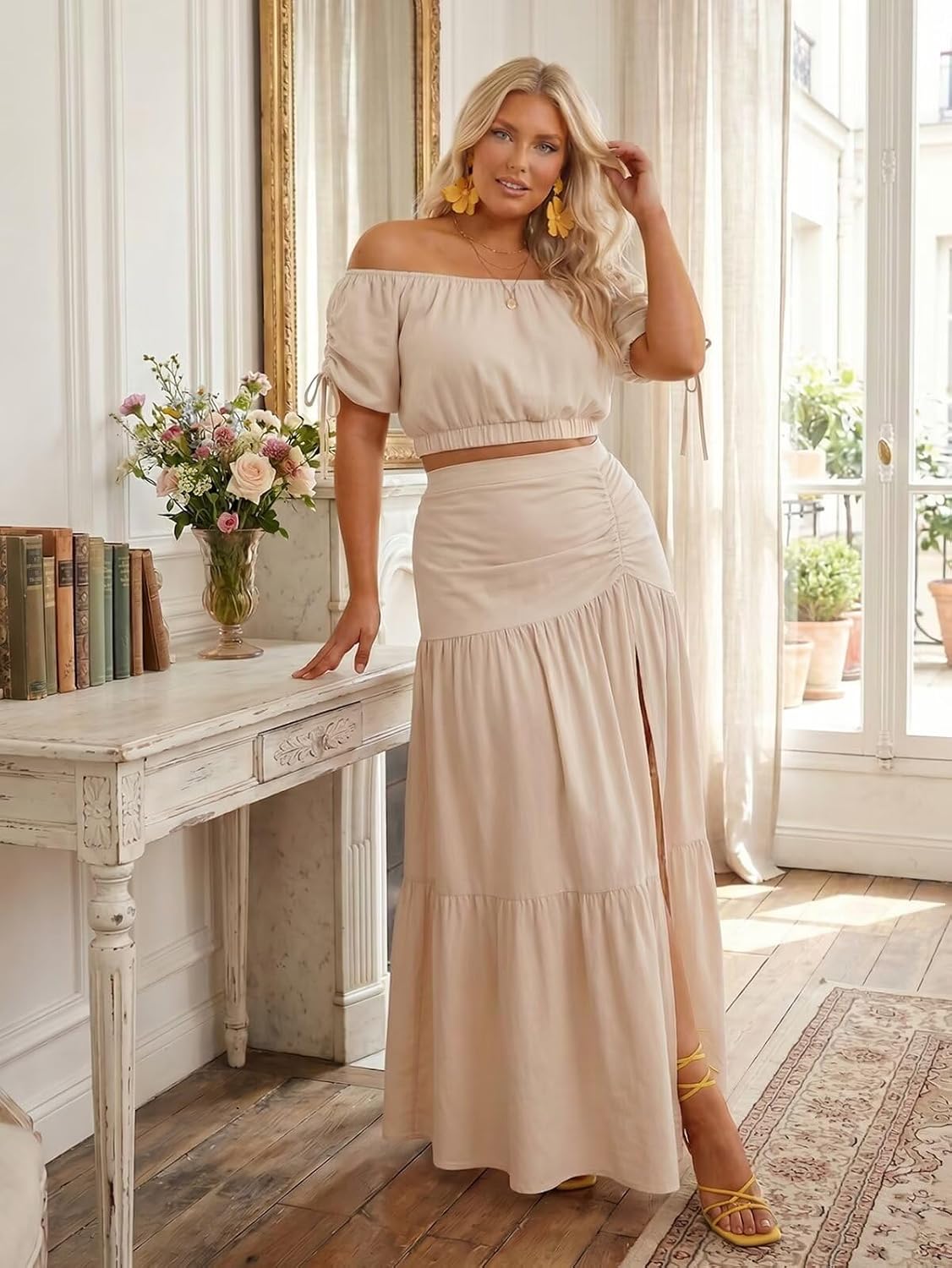WILDPARTY Women's Plus Size 2 Piece Outfit, Off the Shoulder Crop Top and Side Slit Maxi Skirt Set 2026 Summer Beach Vacation