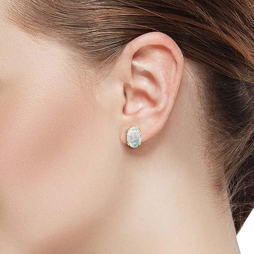 Miniatura 2 de Gem Stone King Aretes tipo dormilona de oro amarillo de 14 quilates con ópalo blanco de imitación de 0.276 x 0.197 in, de 1.26 quilates para mujeres