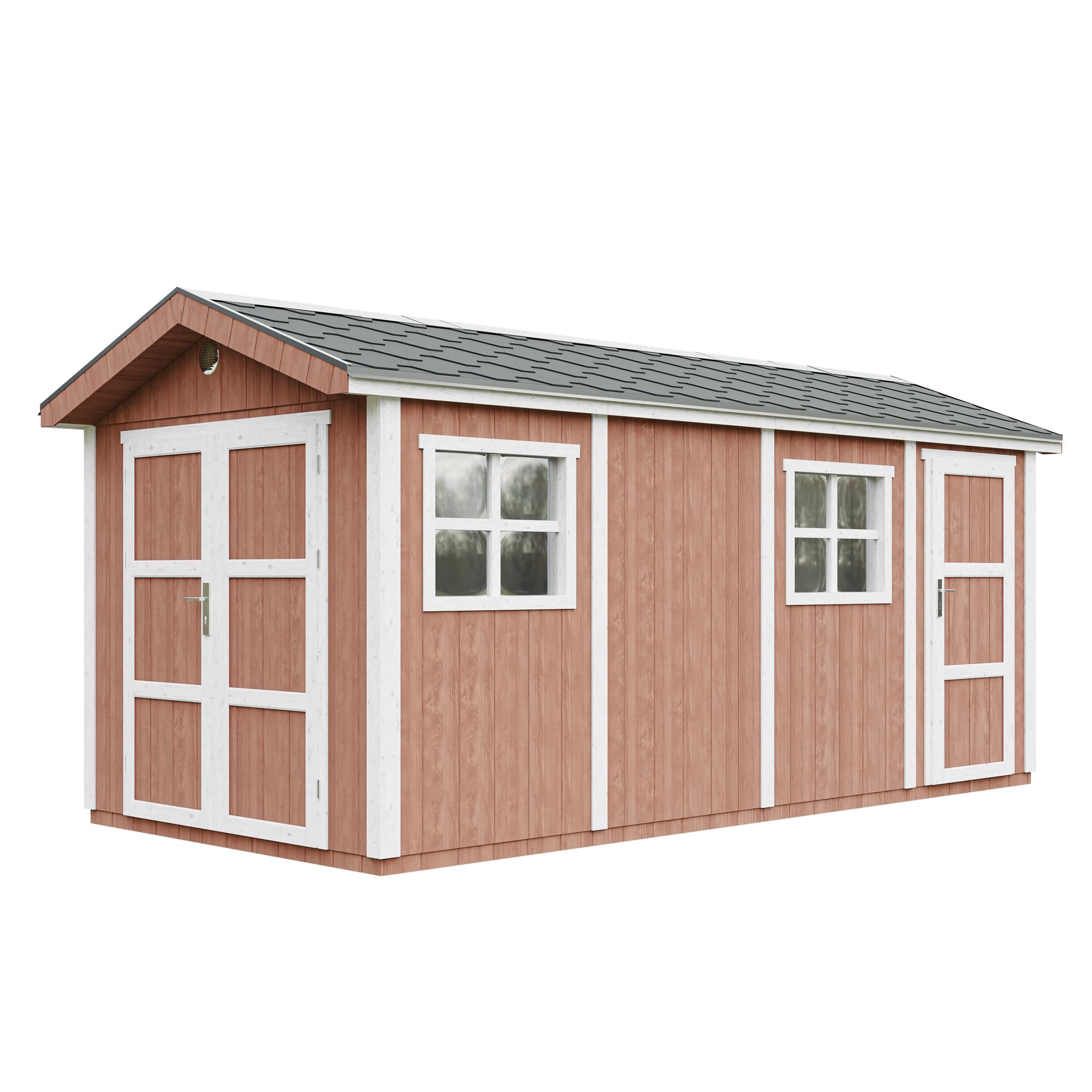 Domek ogrodowy najwyższej jakości 11,47 m² - H252x250x530 cm - Konstrukcja z paneli LP Smartside - Z podłogą i gonty bitumiczne - Timbela M915C-REDWOOD RED
