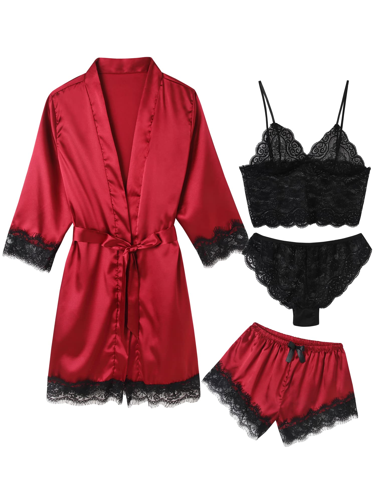 Women's Pajama Satin Sexy Lingerie Robe Set 4 Piece Silk Lace Pjs