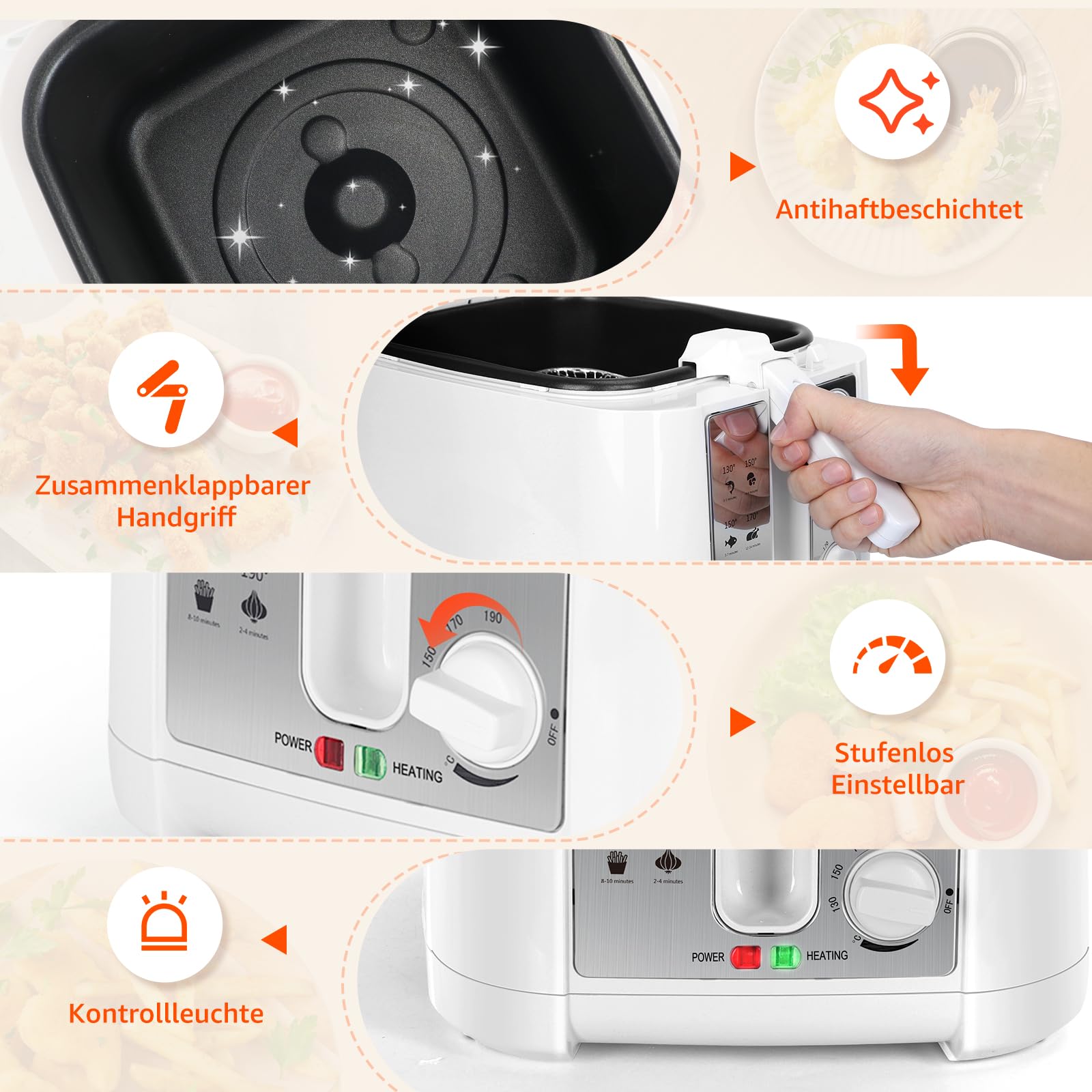 Aigostar Fritteuse mit öl 1650W, Fritteuse 2.5L für 1-2 Personen, Sichtfenster & Einstellbare Temperatur (130-190°C), Kontrollleuchte, Kompaktes Design, Antihaftbeschichtung, Weiß