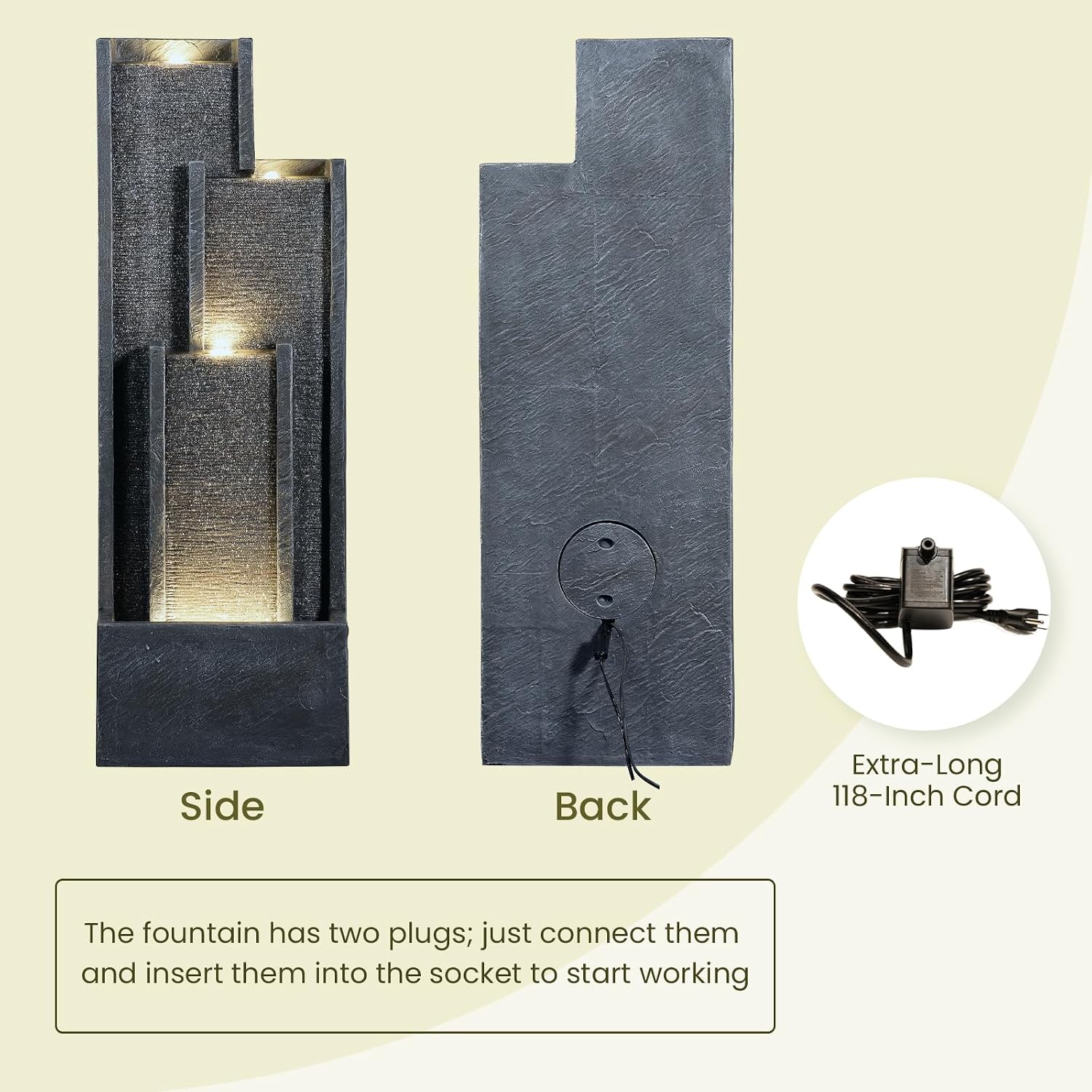 Modern Outdoor Water Fountain with Lights&Pump, Cascading Waterfall Feature Outdoor, Resin Standing Garden Fountain for Landscaping, Patio, Balconie, Yard Decor, Indoor Water Feature, Grey