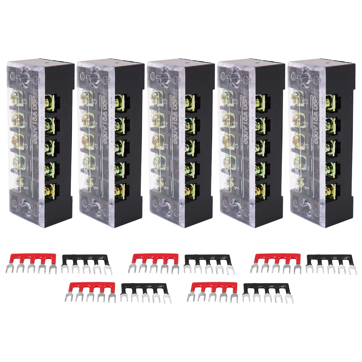 Namvo 5 Sets Terminal Block 5Position 600V 15A Dual Row Screw Terminal Strip With 400V 15A Red and Black Insulated Terminal Barrier Jumper Strips