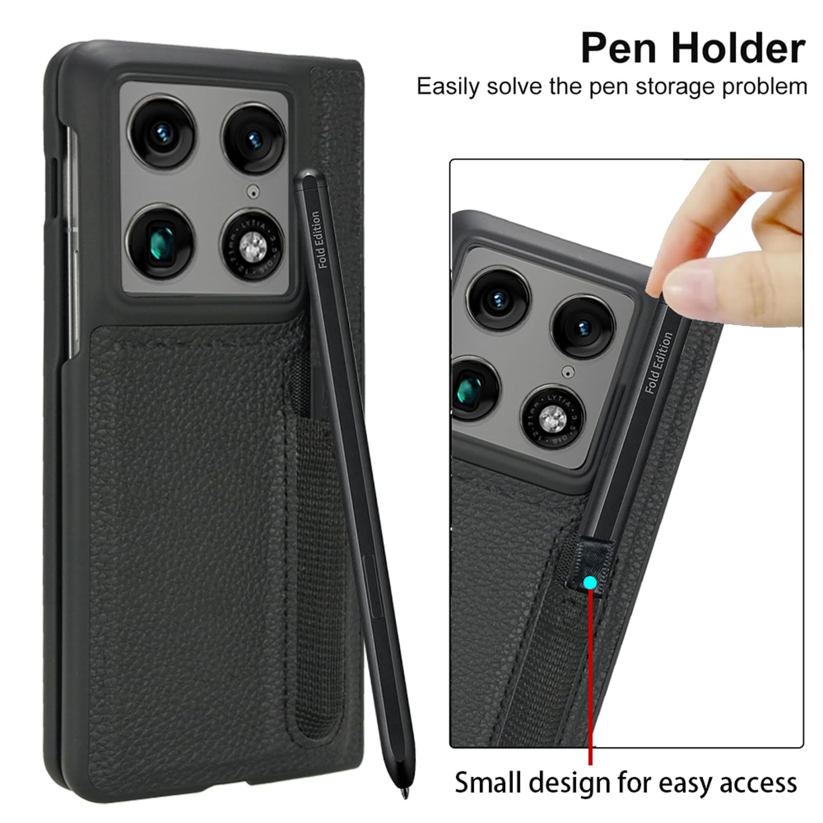 Custodia in pelle per Motorola Moto Razr Fold, con slot per penna e protezione per lo schermo anteriore, custodia rigida in policarbonato antiurto (nero)