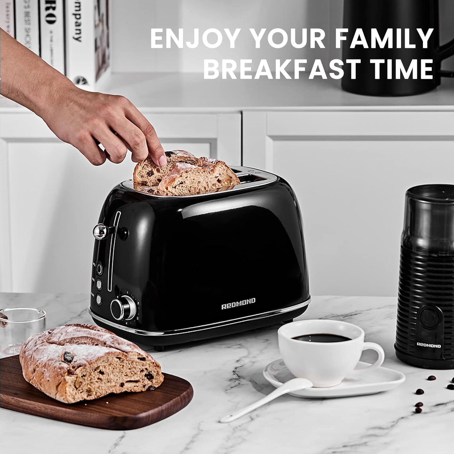 REDMOND 2 Slice Toaster Retro Stainless Steel Toaster with Bagel, Cancel, Defrost Function and 6 Bread Shade Settings Bread Toaster, Extra Wide Slot and Removable Crumb Tray, Black, ST028: Home & Kitchen