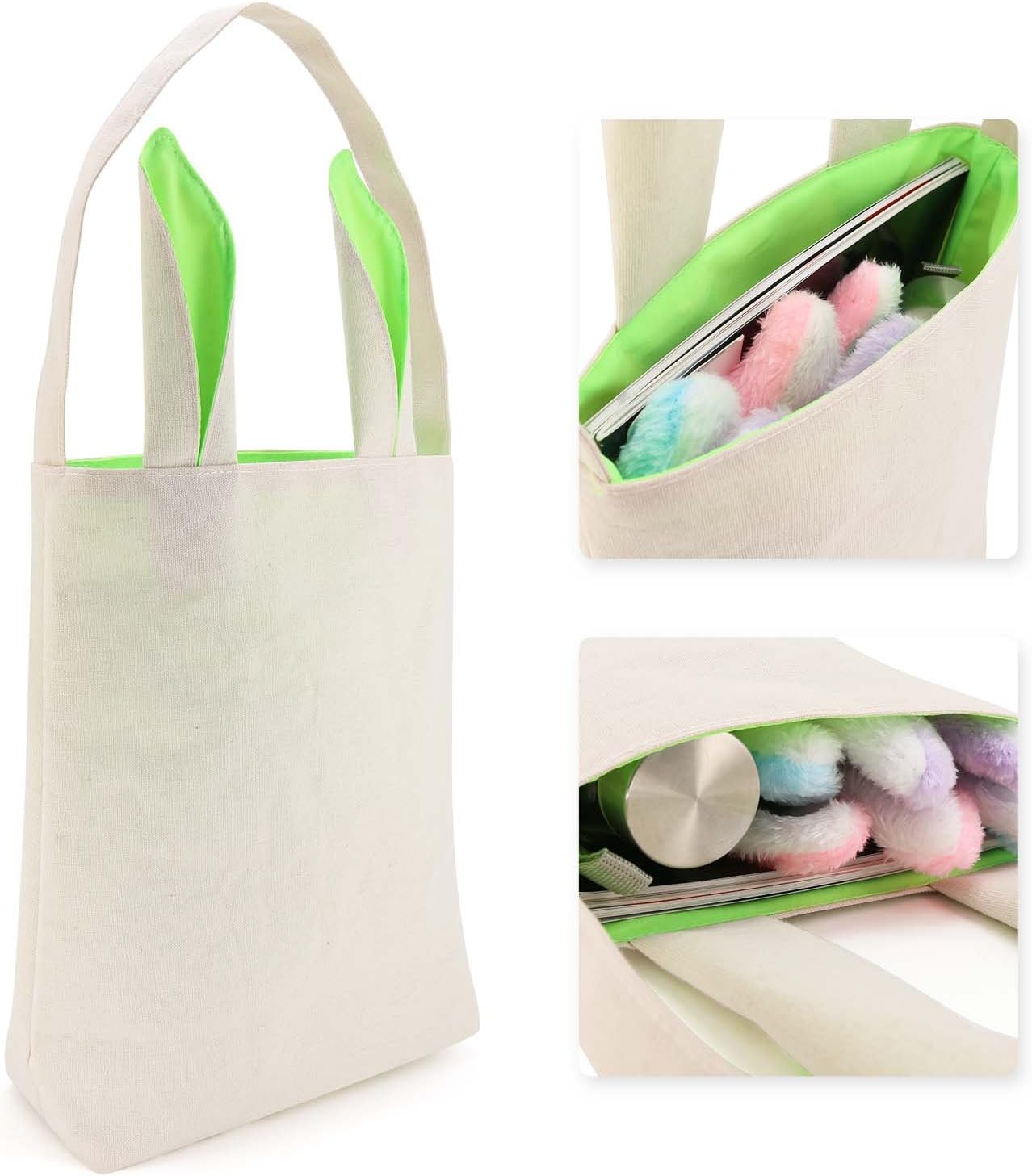 Bonison Easter Bunny Bag with Bunny Ear Design - Easter Basket Tote Handbag, Dual Layer Jute Cloth Material. Excellent for Carrying Eggs, Gifts to Easter Party, 10" x 4" x 12",Green