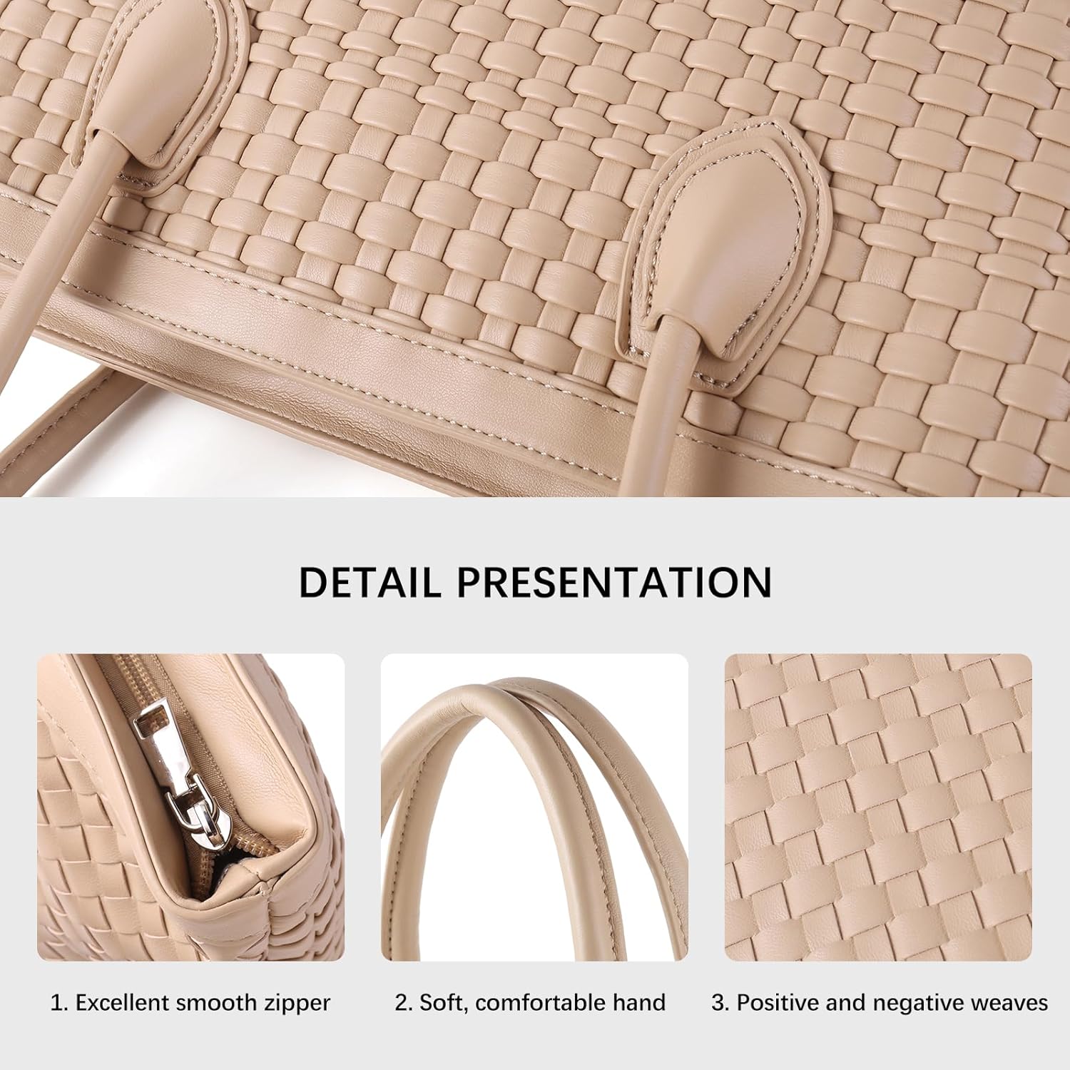 Woven Tote Bag For Women Hand Make Vegan Leather Shoulder Bag Handbag Zip Closure Beach Tote Travel Hand Bag Hobo Bag Top Handle Bag (Apricot Color)