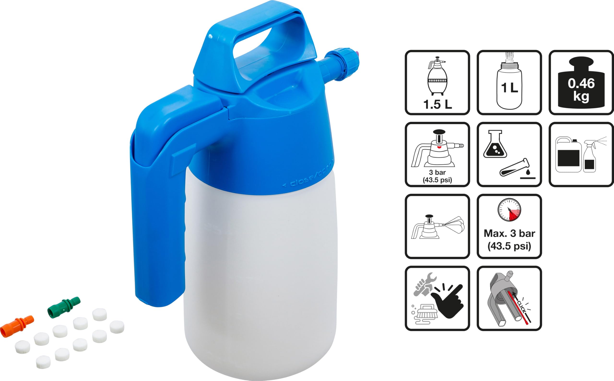 BGS 6771 | Pumpsprühflasche Schaum | 1,5 l | 2,5 bar | Nutzinhalt 0,75 l | Flachstrahldüse | Füllstandanzeiger | 10 Ersatzfilter, 3 Düsen