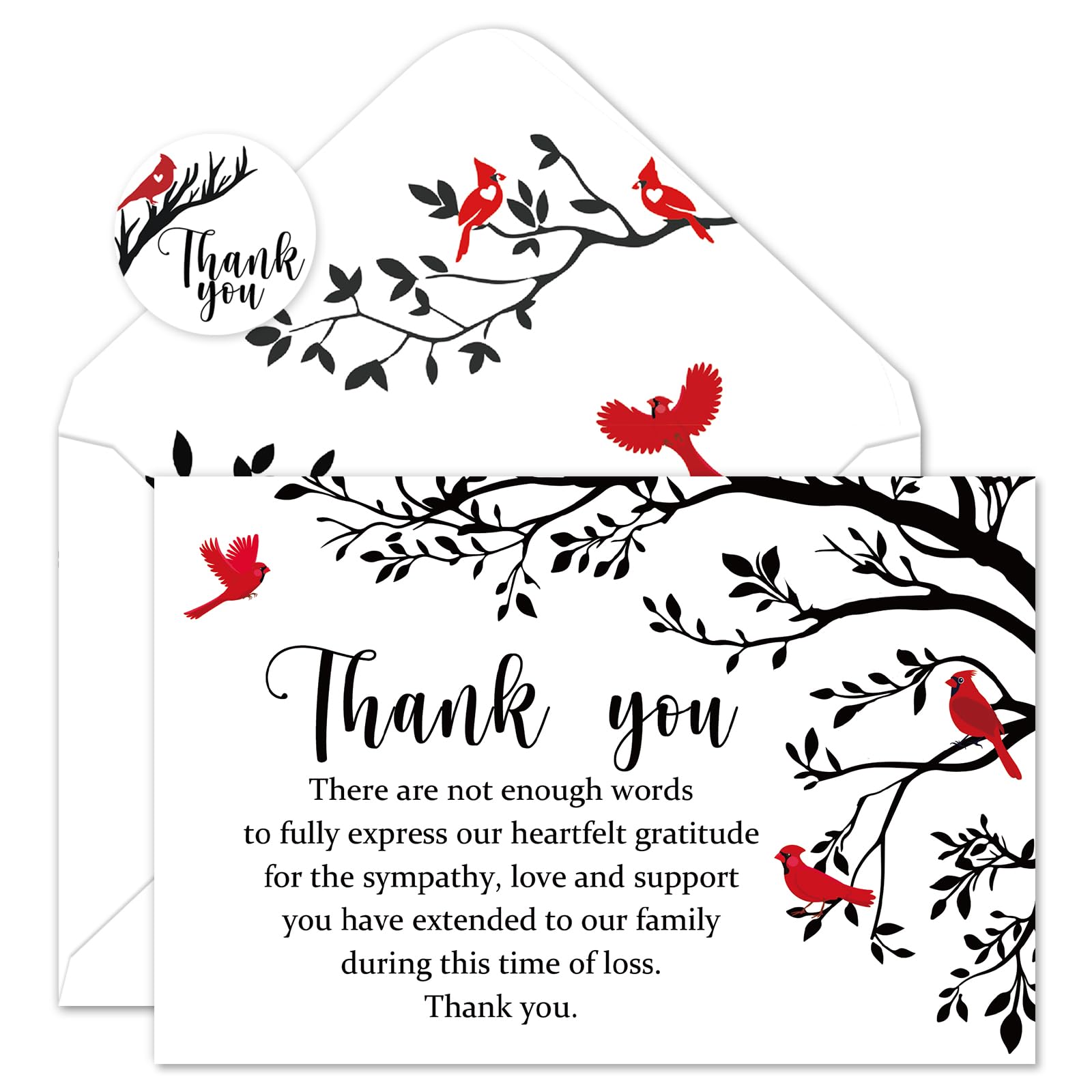 FYSUIMU 50Pcs Funeral Thank You Card Cardinal Bird Branch Sympathy Boxed Thank You Card with Sticker Envelope Bereavement Cards for Memorial Service