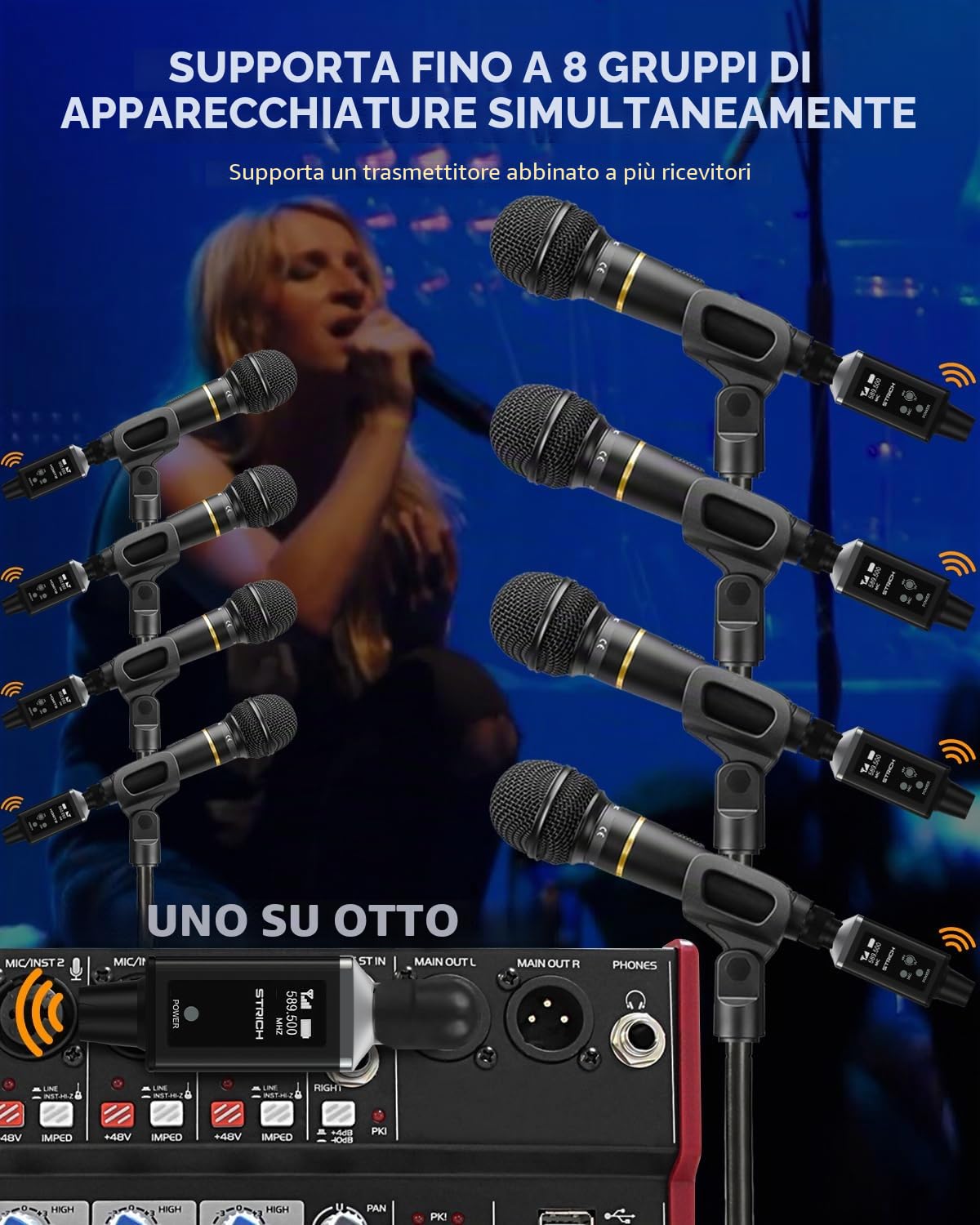 STRICH M3 UHF Trasmettitore e ricevitore XLR senza fili a 16 canali, portata di 50 m, adattatore per microfono senza fili plug-in per microfoni dinamici e a condensatore, compatibile con mixer audio