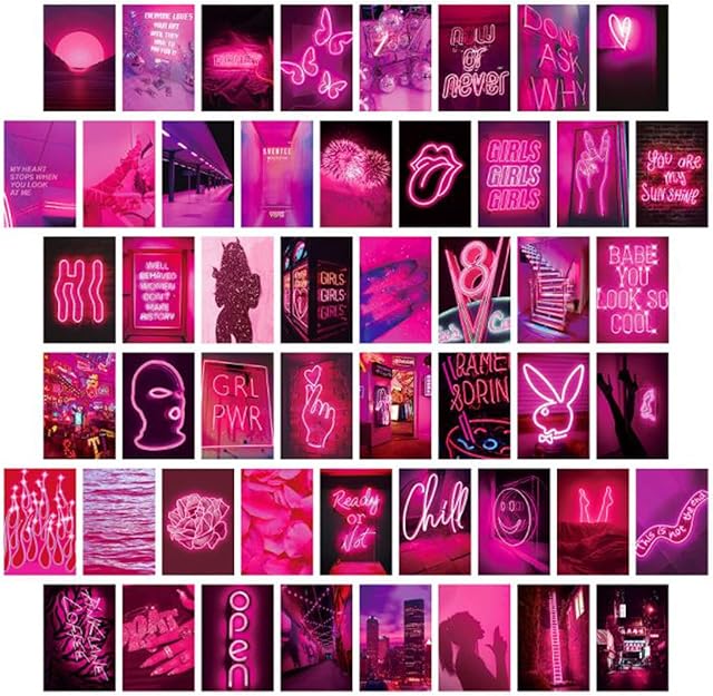 XINYANGGYX 50 Pcs Pink Neon Aesthetic Wall Collage Kits Pink Postcards Set Art Posters for Dorm Wall, Bedroom Decor