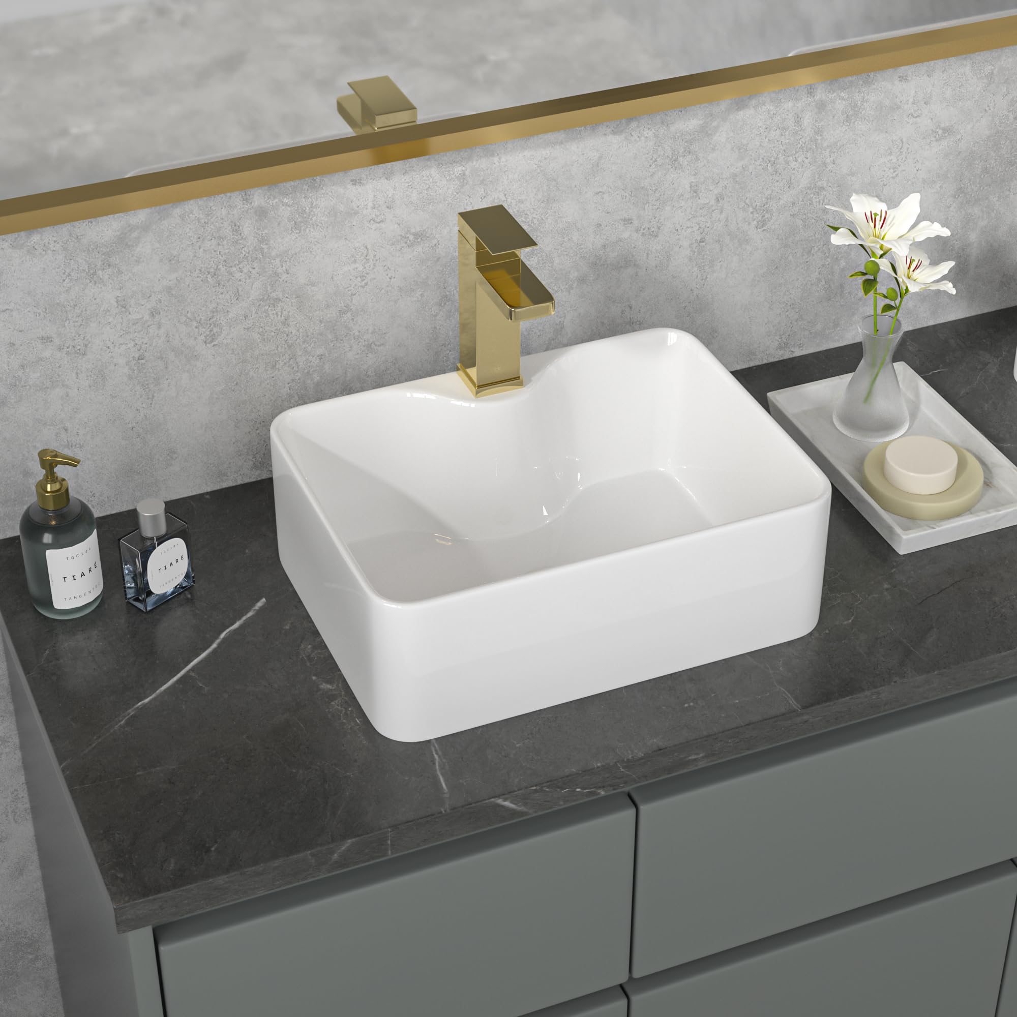 Bathroom Vessel Sink 16"x12" Bathroom Sink Rectangle White Ceramic, FRANIC - Art Basin Vanity - View #12