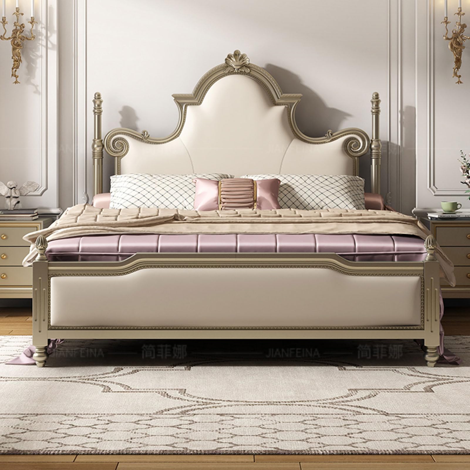 King Size Luxury Genuine Leather Wood Bed Upholstered Platform Bed Frame with Headboard and Drawers Wooden Slats Support
