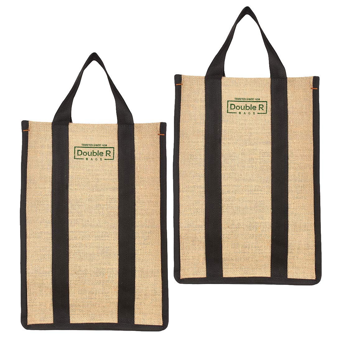 DOUBLE R BAGS Laminated Jute Reusable Shopping Bags Kitchen Essentials Grocery Vegetable Lunch Carry Bag Full Handles Multi-Purpose Bag Stylish Designs (Black) Pack Of 2 - Unisex-Adult, Shopper Tote