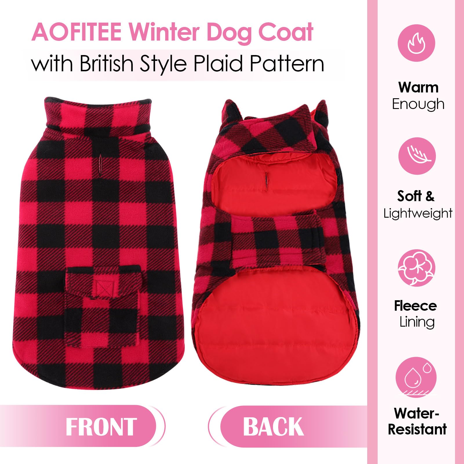 AOFITEE Abrigo para perros de invierno y Navidad para perros grandes con protección abdominal y bolsillos, abrigo de invierno cálido para perros con orificio para arnés, diseño a cuadros, ropa para
