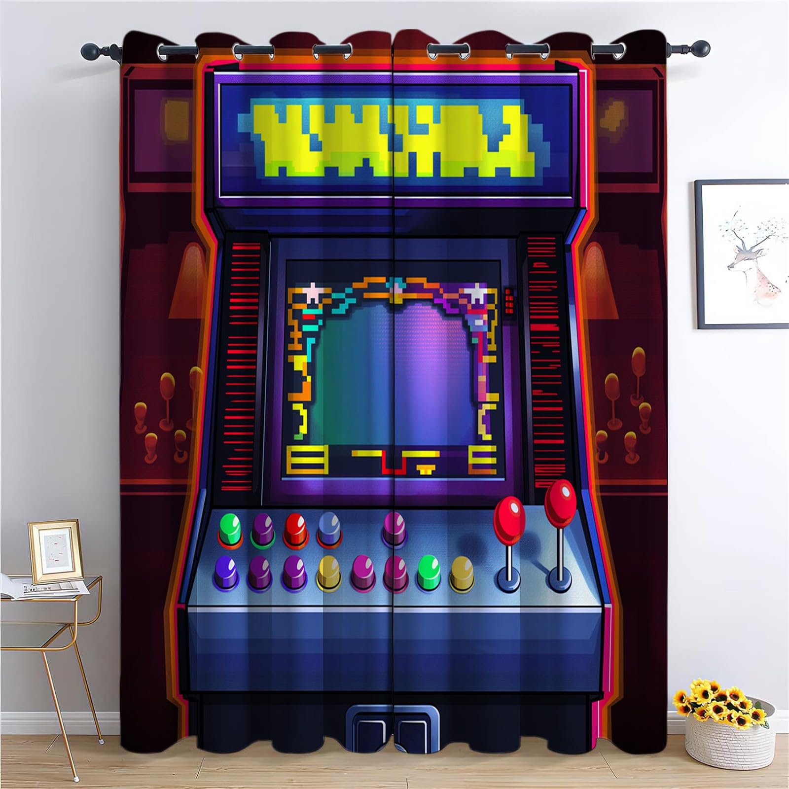 Tende oscuranti per finestre, stile vintage, con console di videogiochi, isolamento termico e riduzione del rumore, per camera da letto e soggiorno, con occhielli colorati per il trattamento delle