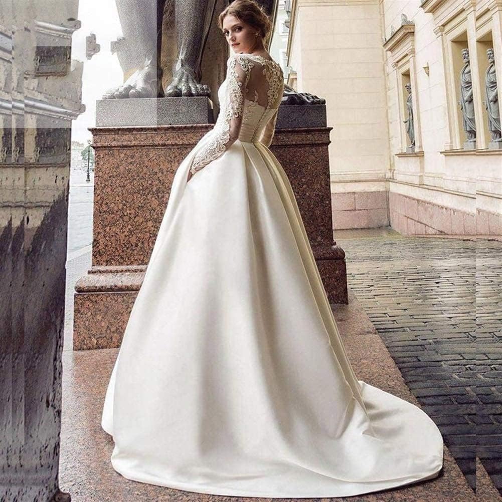 Robe de mariée à Manches Longues en Satin avec traîne et Appliques en Dentelle Blanche/Ivoire, Blanc, Plus52