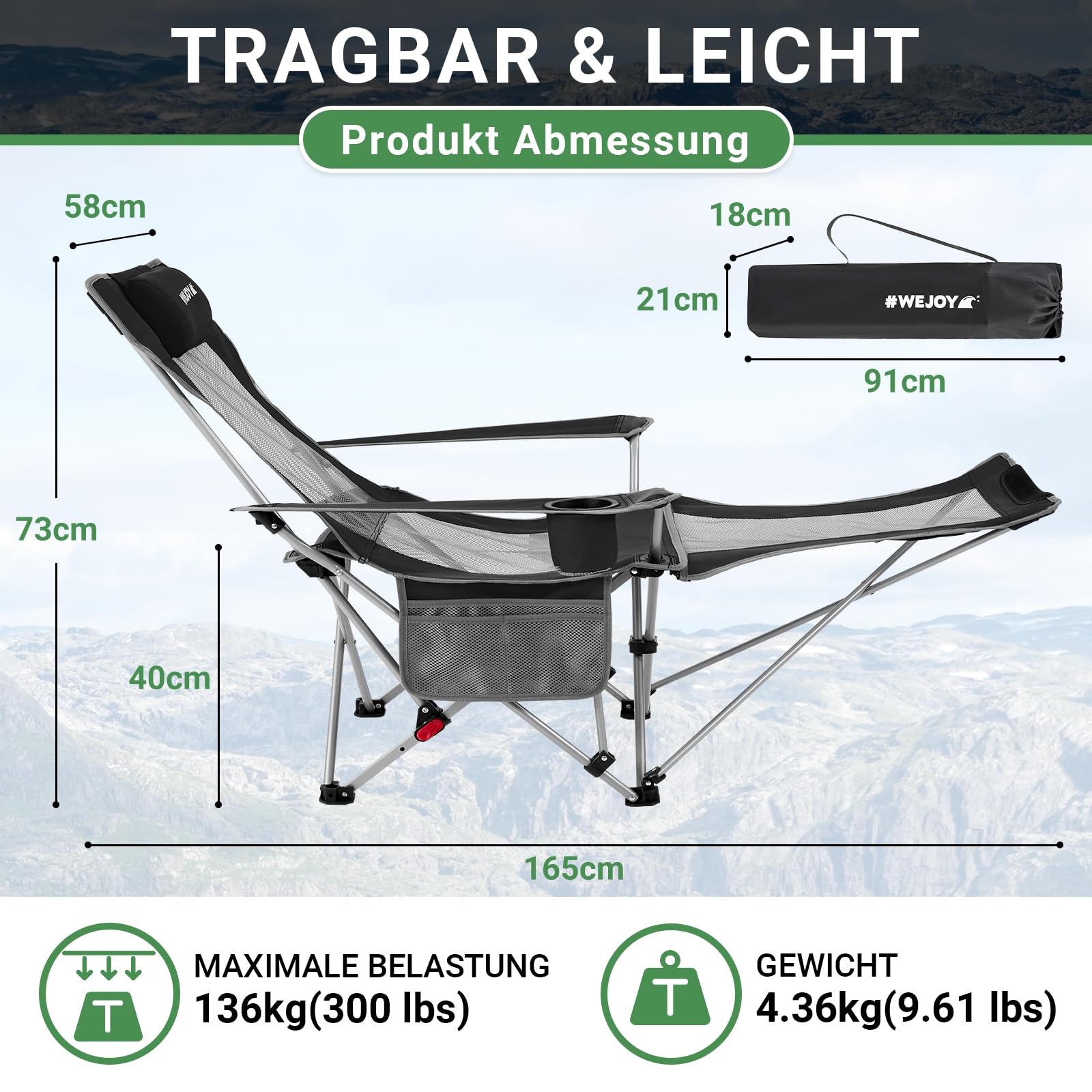 #WEJOY 2-in-1 Campingstuhl Faltbar, Strandstuhl mit Verstellbarer Rückenlehne & Fußstütze, Relaxsessel Liege mit Getränkehalter, Liegestuhl Angelstuhl für Outdoor Camping