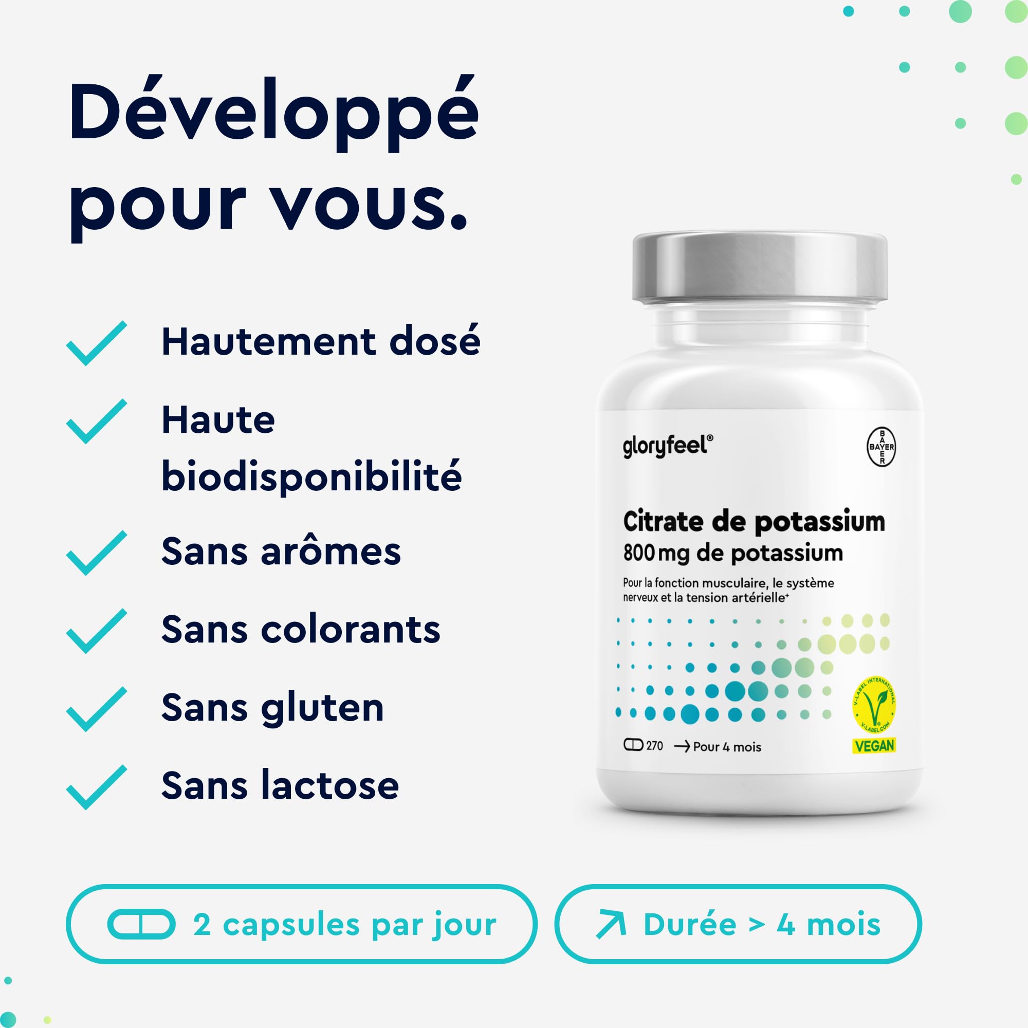 Potassium 270 Gélules, Hautement Dosé + 800mg de Potassium Élémentaire, Pour la Fonction Musculaire et le Système Nerveux, 100% Citrate de Potassium, Cure pour 4 Mois, Végan et Sans Additifs