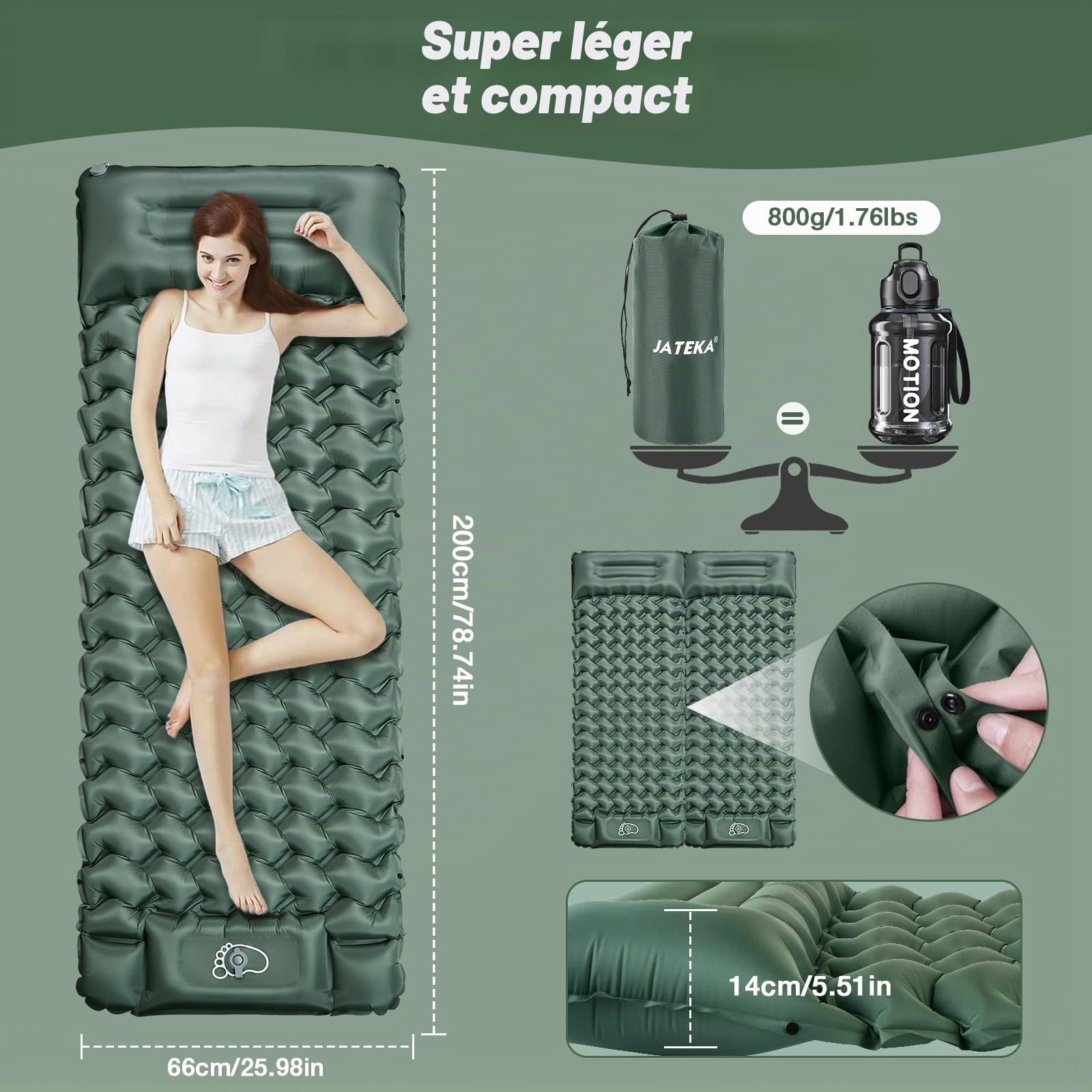 JATEKA Matelas Gonflable 1 Place, Matelas Camping Ultra Léger avec Pompe à Pied et Oreiller, Matelas Gonflable 1 Place Résistant à l'eau Portable et Compact Randonnée/Plage/Tente - Vert Militaire