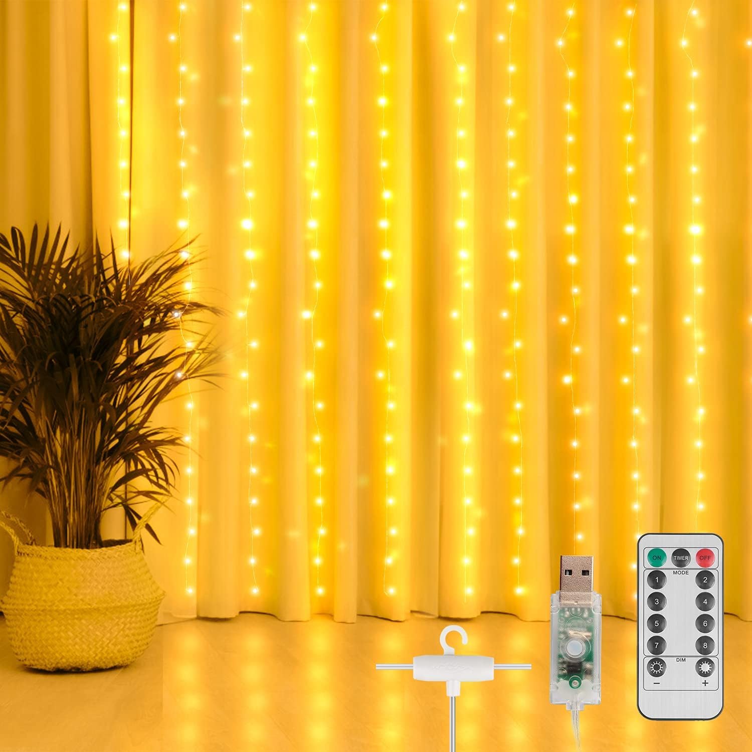 Cortina de luces LED de 3 x 2 m, 200 ledes USB, 8 modos, cortina de luces LED para exteriores con mando a distancia, IP65, resistente al agua, para dormitorio, interior y exterior, blanco cálido