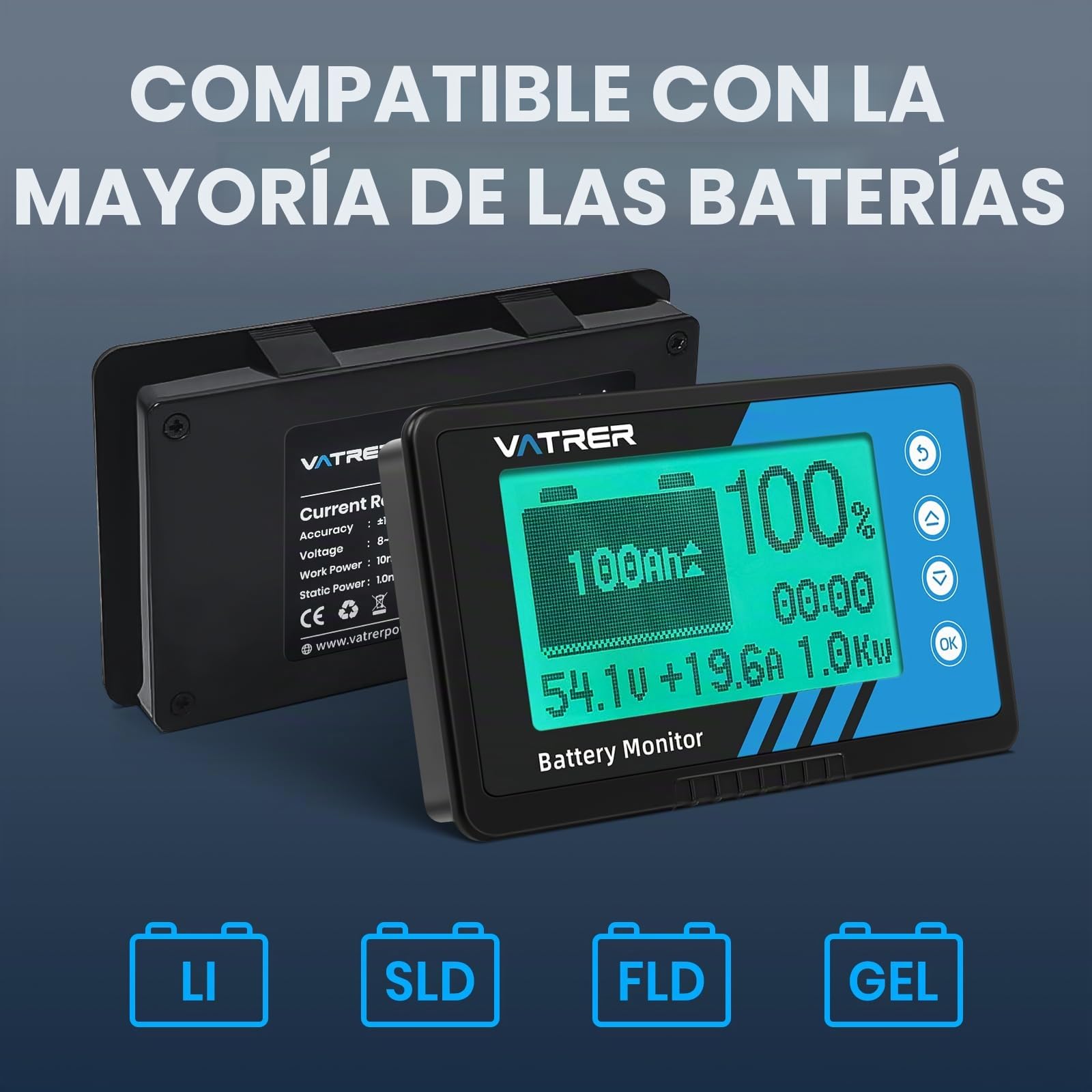 VATRER POWER Monitor Batería 500A Shunt 8-120V LCD Alarma | Monitor 500A shunt 8-120V, LCD con alarma, compatible litio/plomo para RV y carritos golf