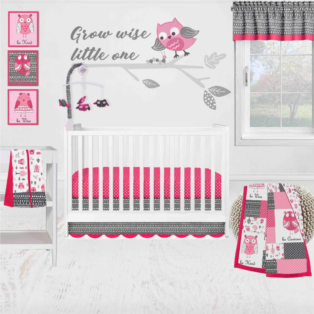 Bacati - 10 Piece Cotton Crib Bedding Set with 2 Fitted Crib Sheets - Owls in The Woods Pink Fuschia Gray