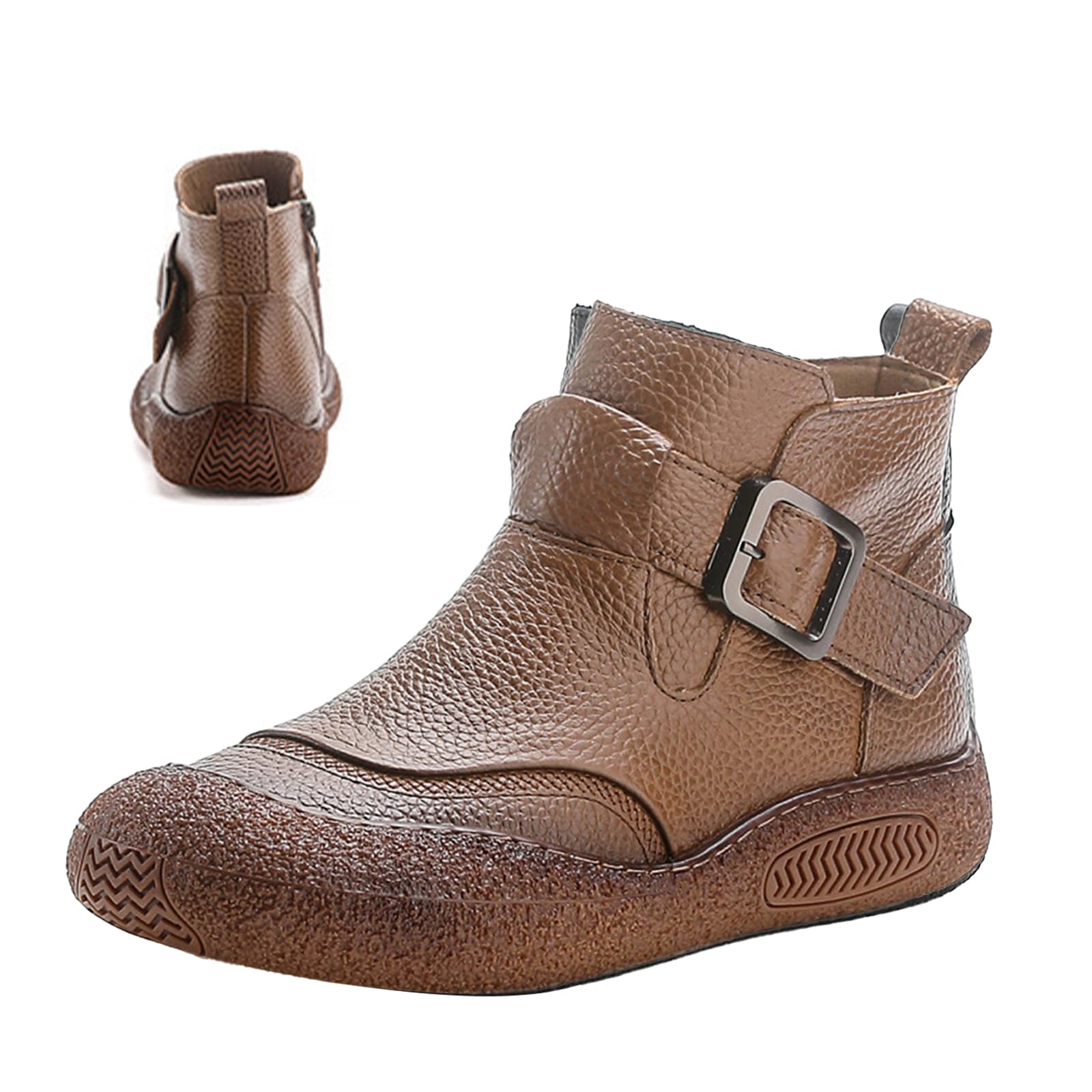 Womens Vintage Leather Casual Ankle-Support Boots Comfy Warm Waterproof Non-slip Softsole Buckle Zipper Short Booties