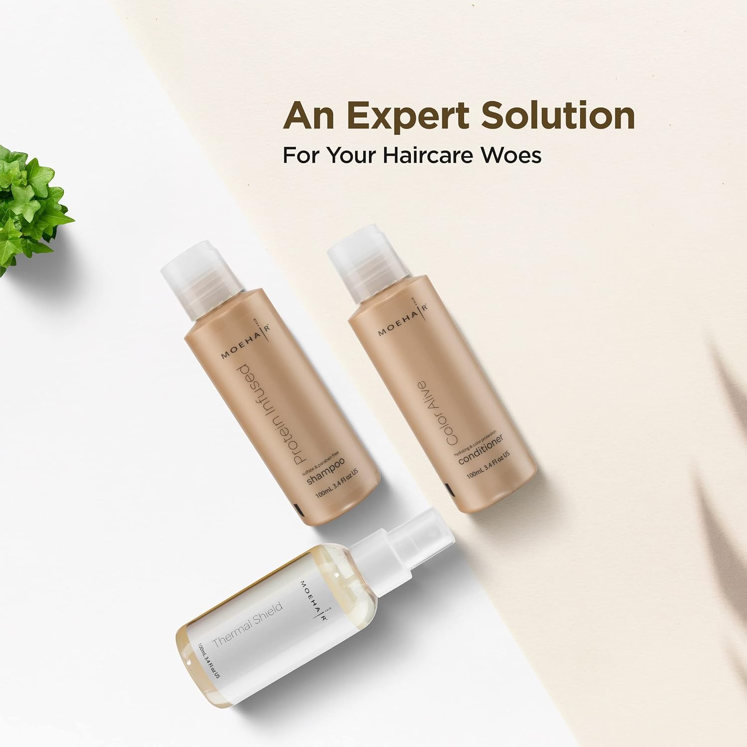 MOEHAIR Protein Infused Hair Care Set - Shampoo, Color Conditioner, and Heat Protectant Spray (3.4 fl oz each) | Volumizing and Nourishing Travel Size