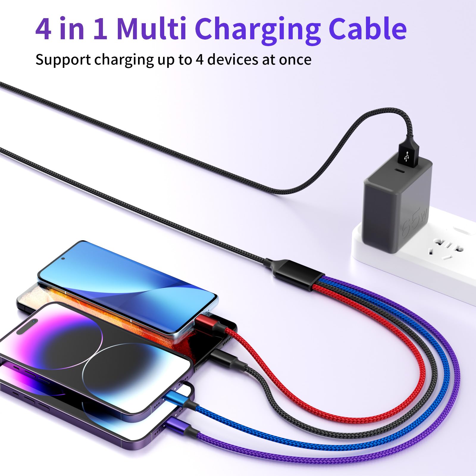 Doppio cavo di ricarica IP 4 in 1 multi [1 confezione da 1,5 m), cavo di ricarica 4 in 1 in nylon, caricabatterie multi per tutti i dispositivi con porta IP/tipo C/tipo C/micro, compatibile con la