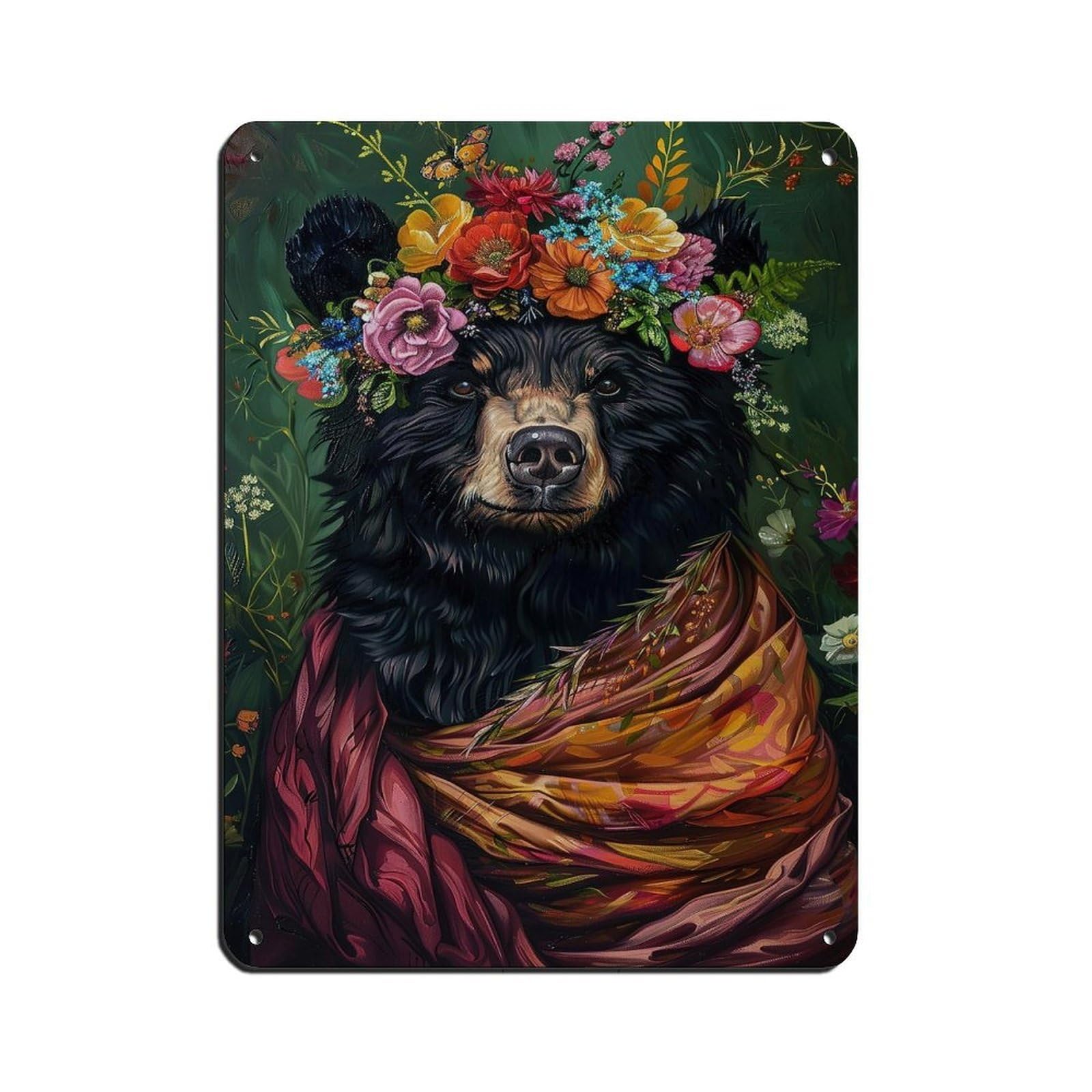 Vintage Maximalist Floral Black Bear Poster Tin Sign Vintage Metal Pub Club Cafe Bar Home Wall Art Decoration Poster Retro 12x16inch(30x40cm)