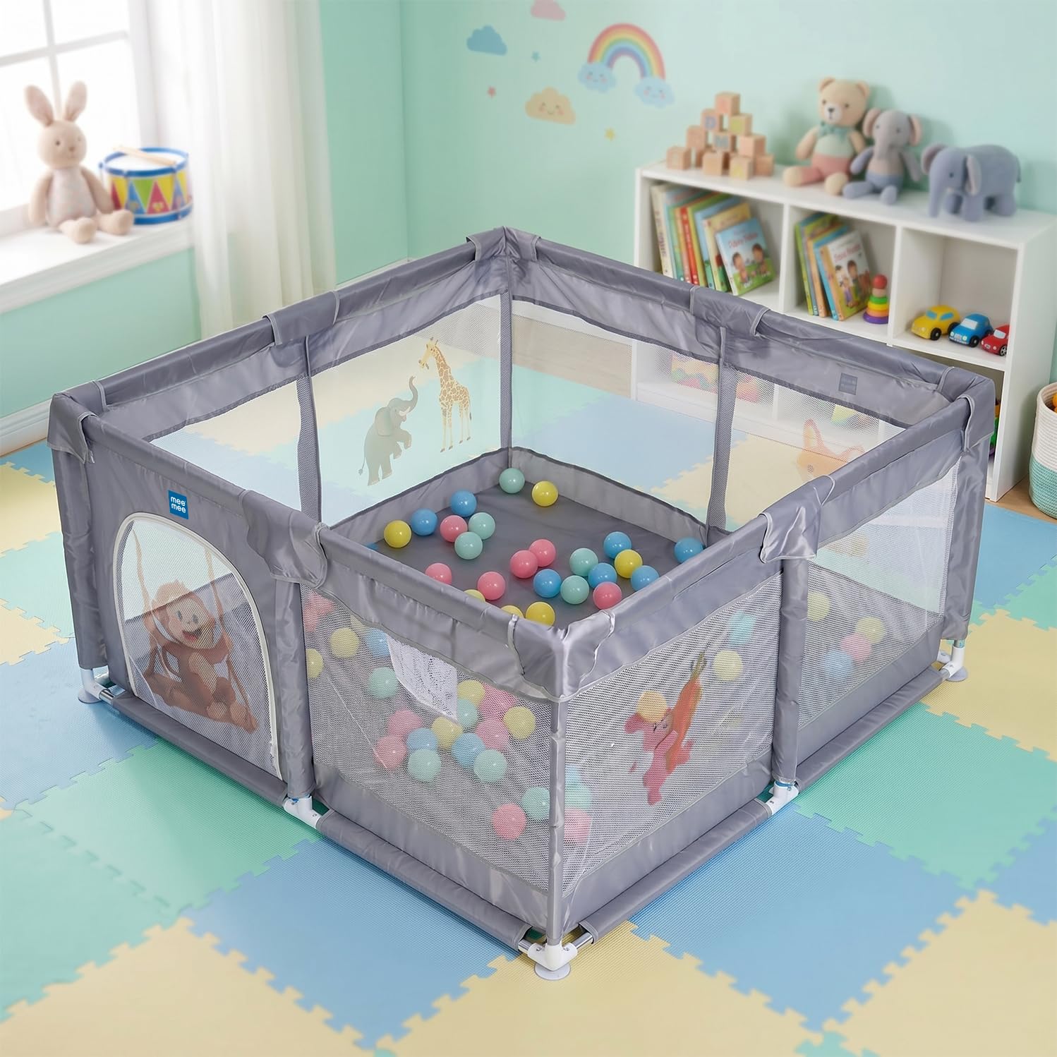 Mee Mee Fun Zone Mini Portable Baby Playpen with Breathable Mesh Walls | 120×120 cm Baby Play Yard with Soft Fabric Padding, Rounded Edges & Tool-Free Assembly | Ball Pit Ready with 50 Balls (1+ Years)-image-12