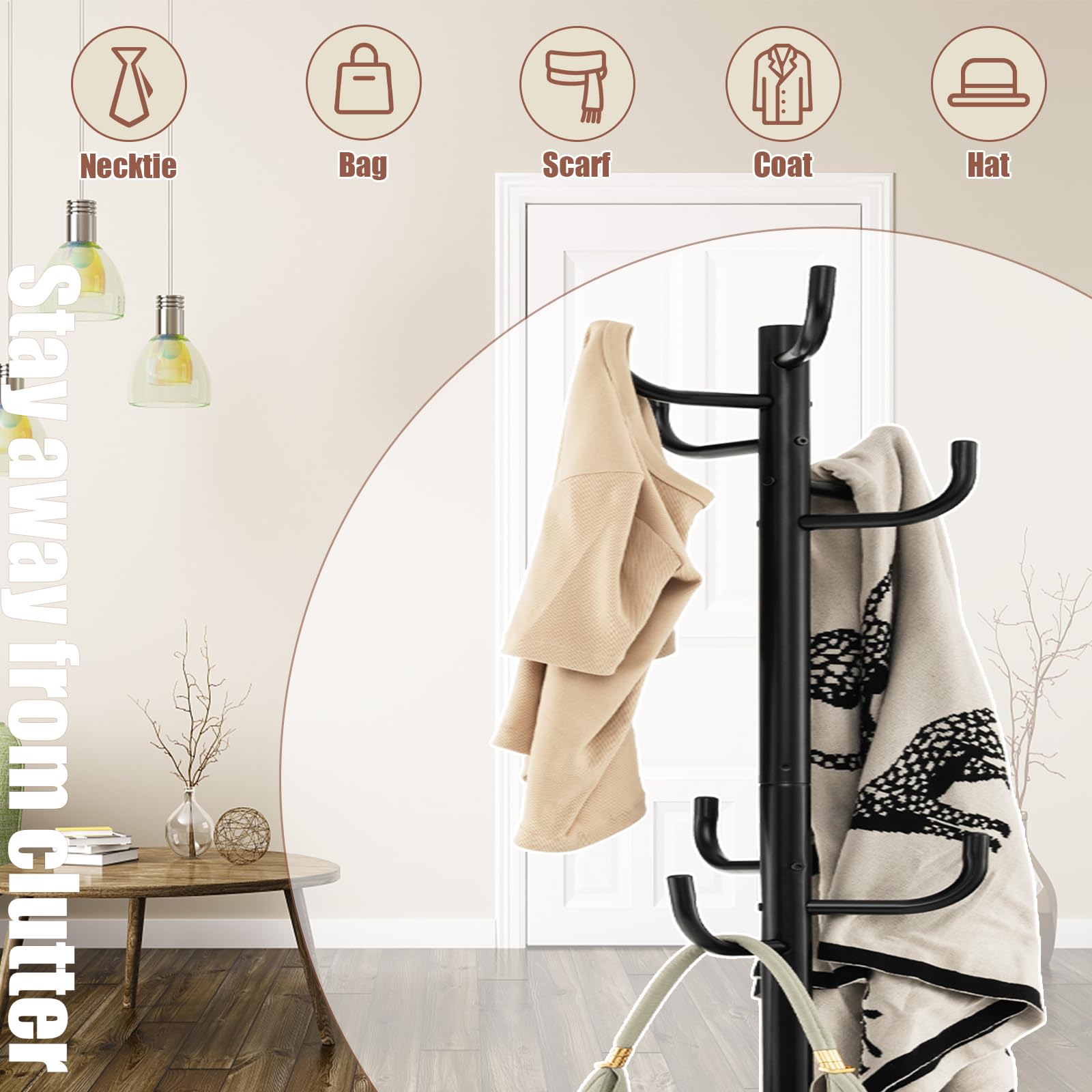 HOMASIS Attaccapanni da Terra da Pavimento, Appendiabiti in Ferro, Stand Appendiabiti da Terra per Ingresso, Corridoio, Salotto, Mobile Porabiti per Cappotti con 8 Ganci, Altezza 175 cm, Nero