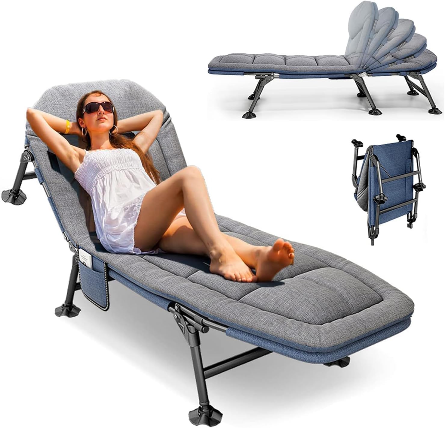 Lit de Camp Pliable 1 Personne, Lit de Camping Adulte avec Matelas et Poche LatéRale, Dossier RéGlable 5 Positions, Charge Jusqu'à 160 Kg, pour L'ExtéRieur, Le Camping, Les Voyages