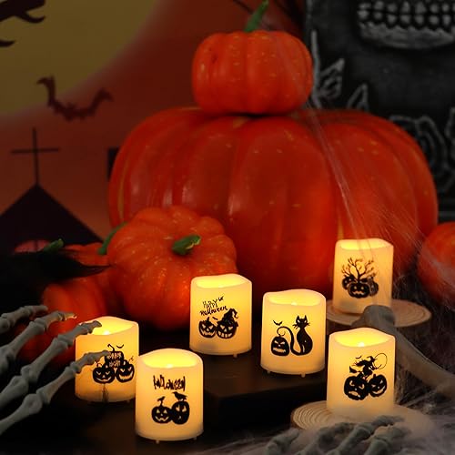 Miniatura 4 de YINCHI Velas votivas sin llama con temporizador, luces LED con temporizador automático de ciclo diario integrado, calcomanías de calabaza