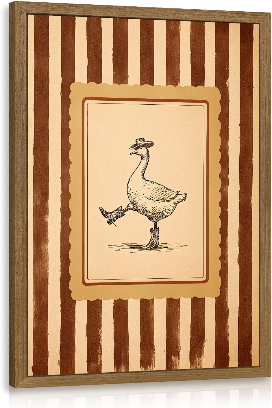 Grajoy Wood Framed Vintage Western Goose Wall Art, Funny Kids Room Animal Wall Decor, Silly Goose in Boots Canvas Painting, Retro Brown Striped Poster Print for Living Room Bedroom 12x16 Inch