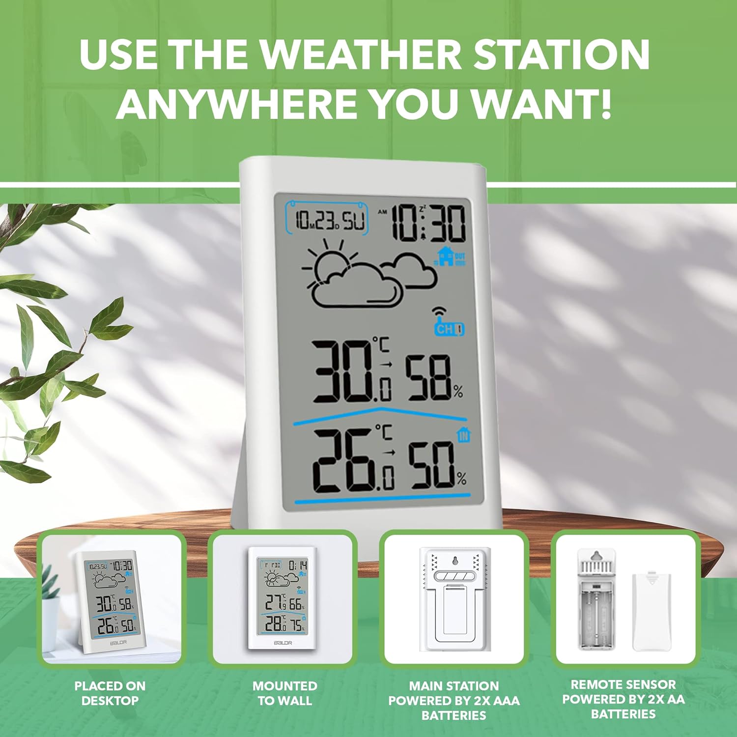 BALDR Wireless Digital Weather Station Clock- Indoor Outdoor Thermometer Wireless Home Weather Station with Temperature Monitor, Humidity Guage, Time & Date - White Backlight LCD Display, White