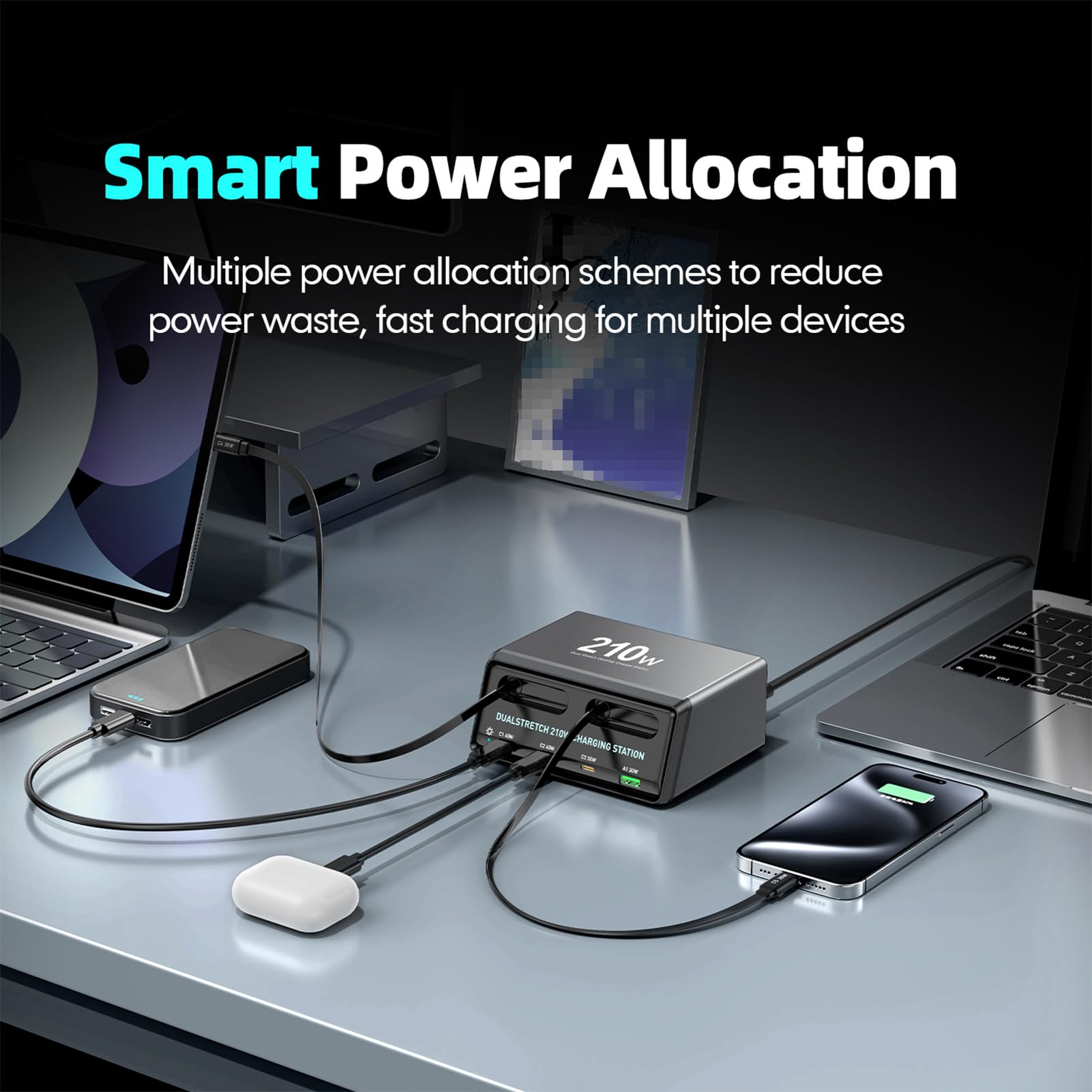 Fockety Tisch-Ladestation, 210W-Ladegerät mit 6 USB C-Anschlüssen und Zwei einziehbaren PD-Kabeln, PD-Ladegerät mit 45W und 30W für das Homeoffice, Gaming-Schreibtischzubehör (EU-Stecker)