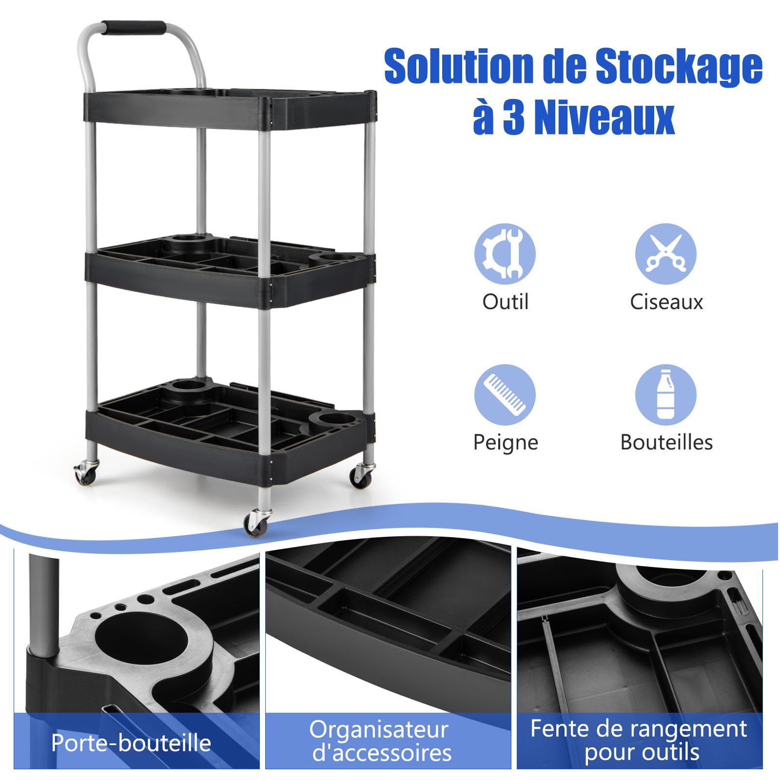 GYMAX Chariot de Rangement à roulettes 3 Niveaux, Cadre en Métal, Poignée Pratique, Organisateur pour Outils, Roues Universelles, pour Garage, Salon de Coiffure, Salon de Beauté, Atelier