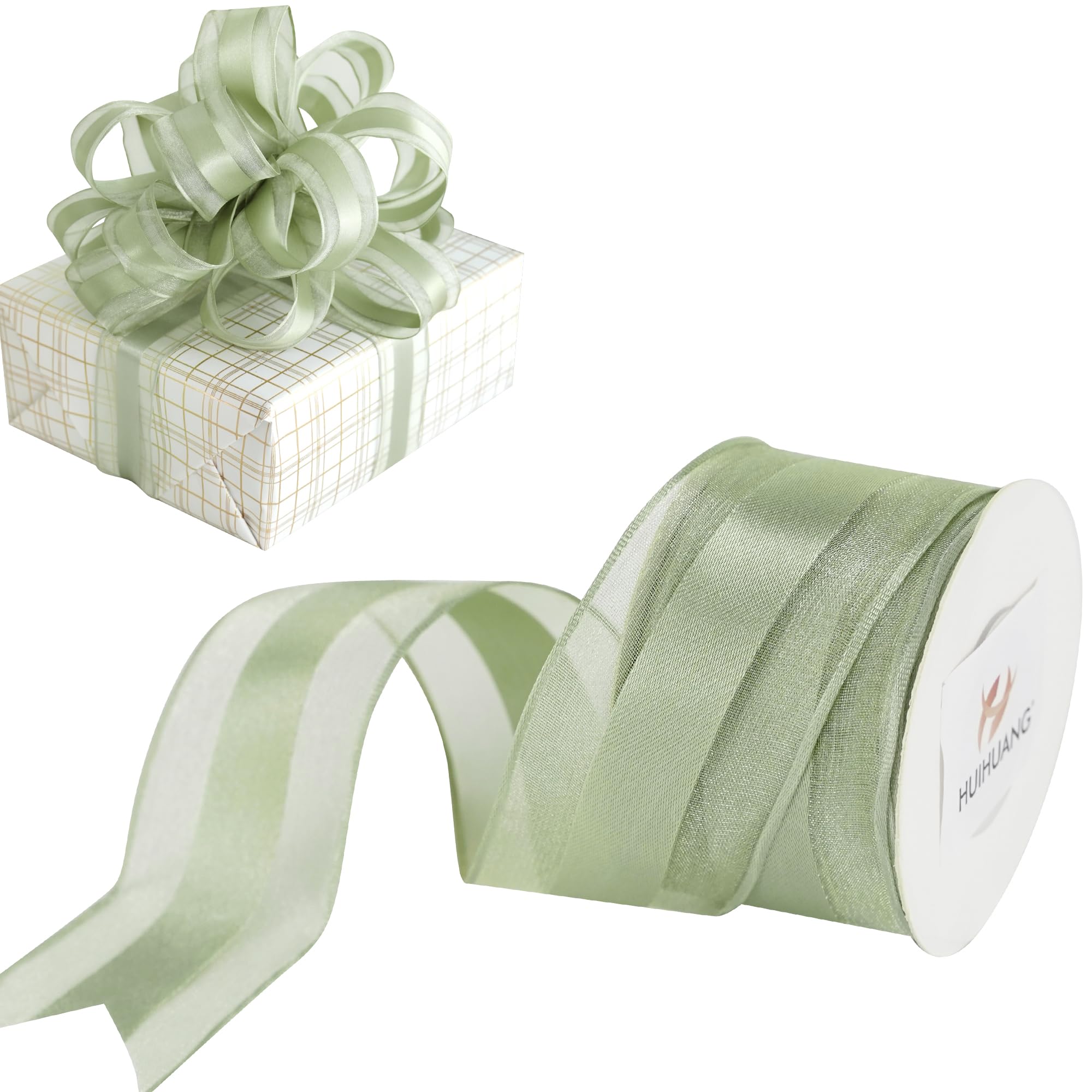 HUIHUANG Sage Green Wired Ribbon 1-1/2 inch Satin Stripe Sheer Wired Ribbon for Christmas Tree, Bows Making, Wreaths, Garland, Gift Wrapping, Wedding Bridal Shower Decorations-Continous 10 Yards