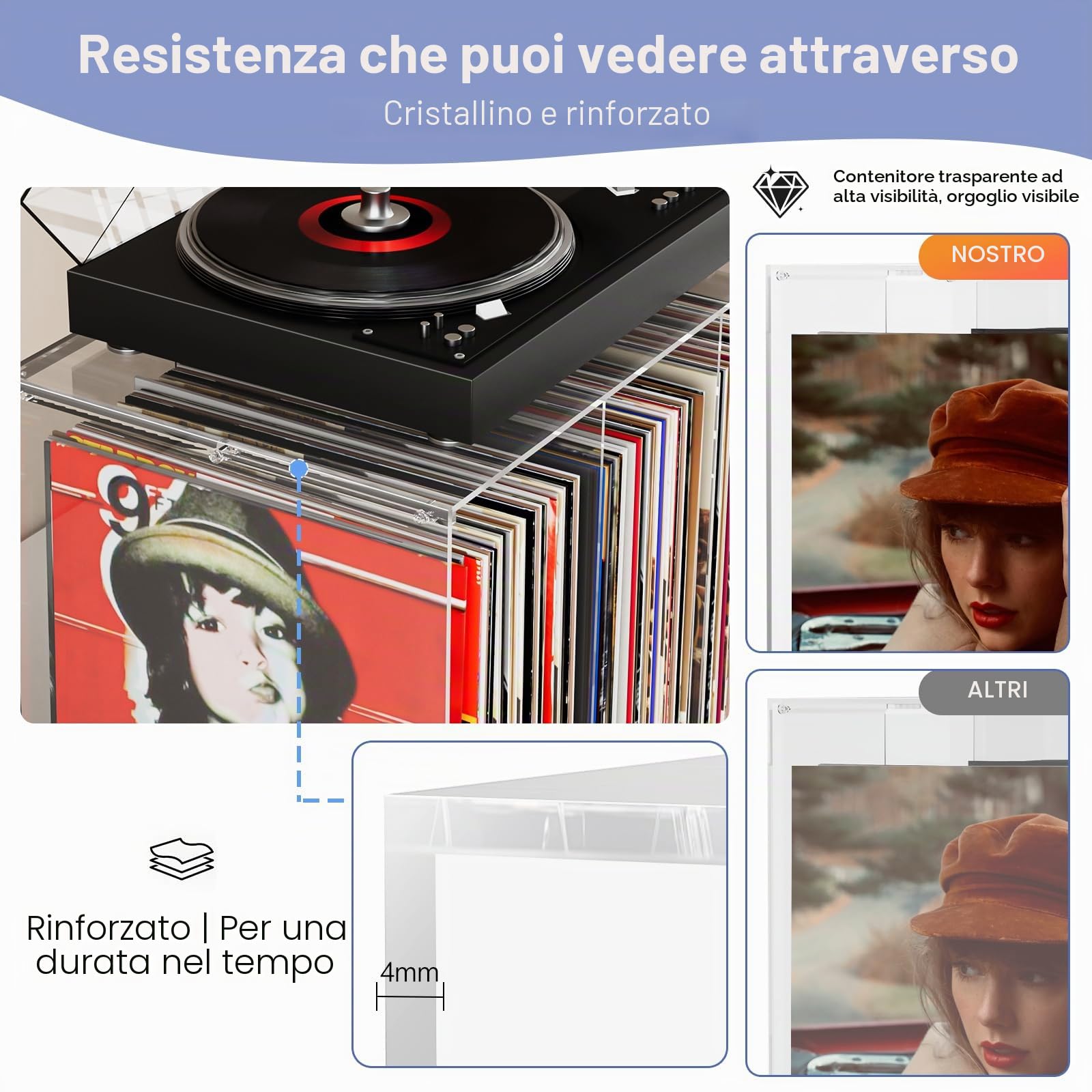 Bikoney Porta Dischi Vinile, Supporto in Acrilico Trasparente Impilabile, Contenitore per Oltre 50 Album, Espositore da Tavolo per LP da 12" e Singoli da 7", Cristallino