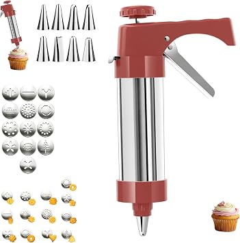 Stainless Steel Cookies Press,Cookie Press Gun Kit with 13 Cookie Discs and 8 Piping Tips for DIY cake Maker Decorating Baking Supplies Red